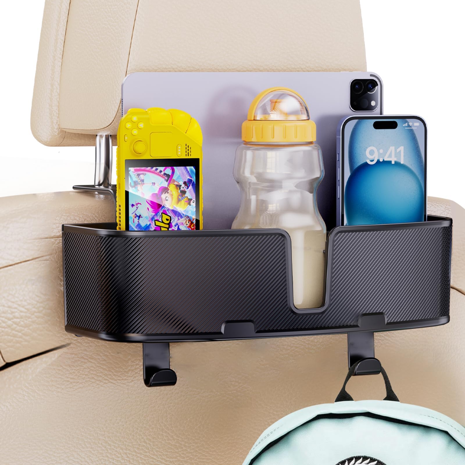 MAGJIEYX Auto Rücksitz Organizer, Multifunktionale Kopfstütze Becherhalter mit starken Haken für Kinder, Passagiere auf der Rücksitzbank, Reise Zubehör 2 Pack
