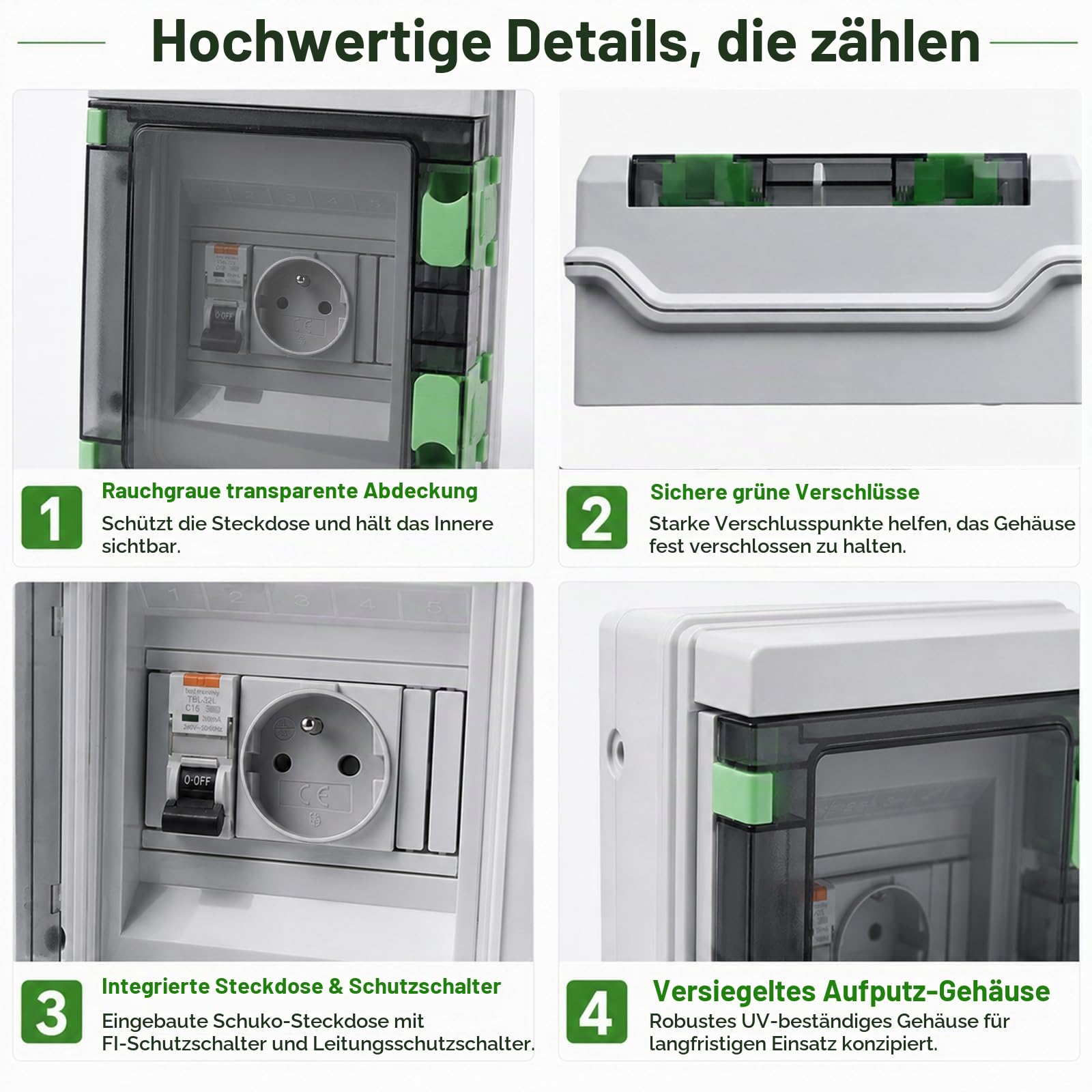 Schuko Steckdose mit Fi Schutzschalter im Sicherungskasten Aufputz IP65, Wasserfester Wandverteiler Komplett mit 16 Ampere Steckdose 230V und FI 16A Typ A 30mA für den Innen- und Außenbereich