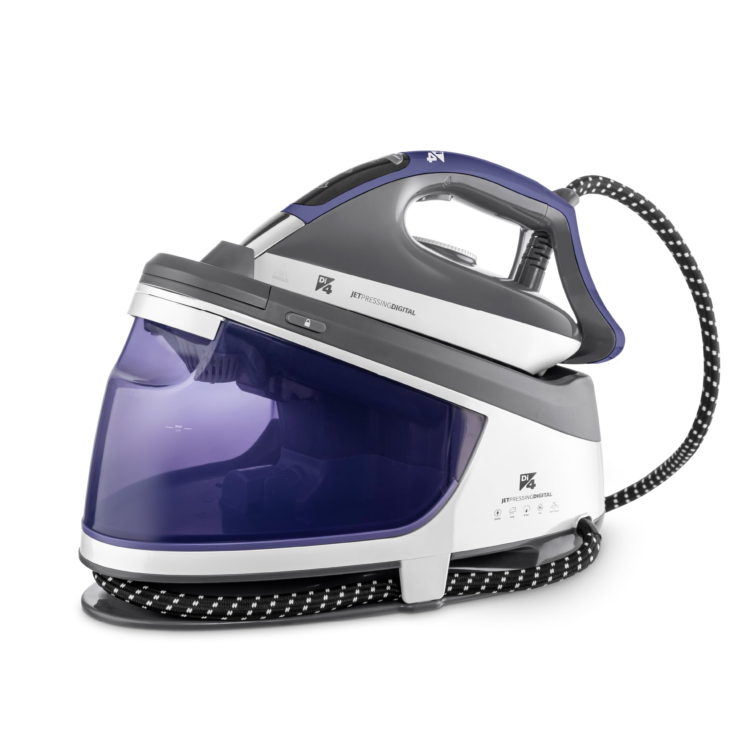 Di4 Centrale vapeur Jet Pressing Digital, Puissance 2600W, 8 Bars, Coup de vapeur 345g, Réservoir amovible XL 1,5L, Semelle céramique, Repassage vertical, Prête en 1 min, Écran LED, Autonettoyage