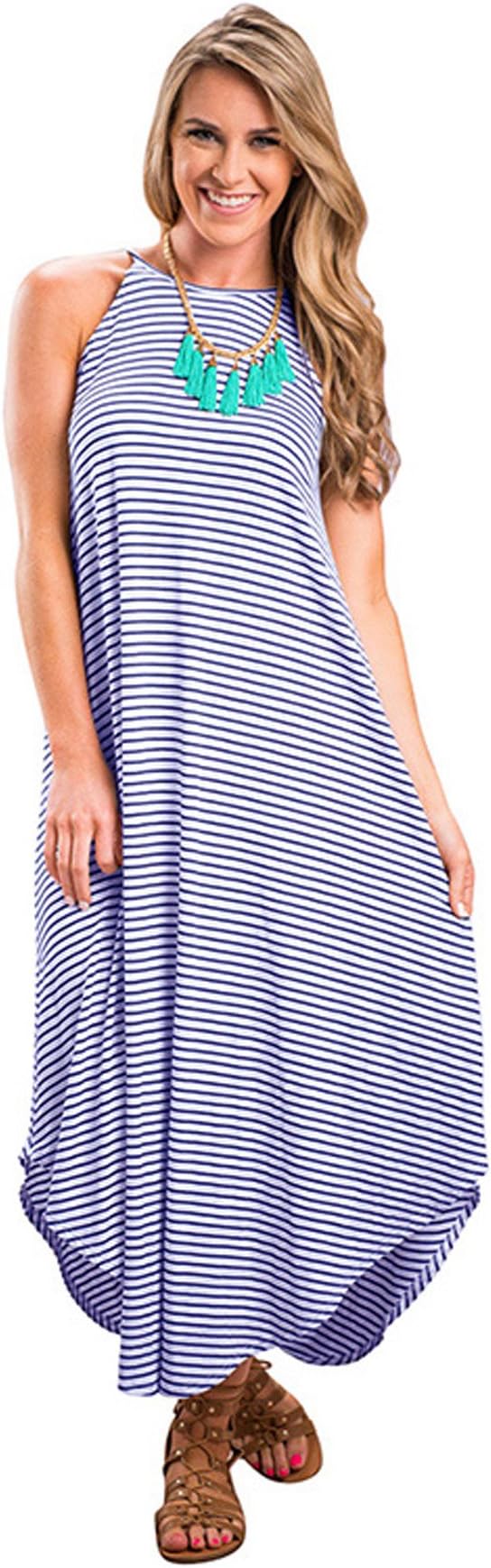 JYUAN Women's Casual Summer Boho Sleeveless Striped Beach Long Maxi Dress (M, Blue Striped)