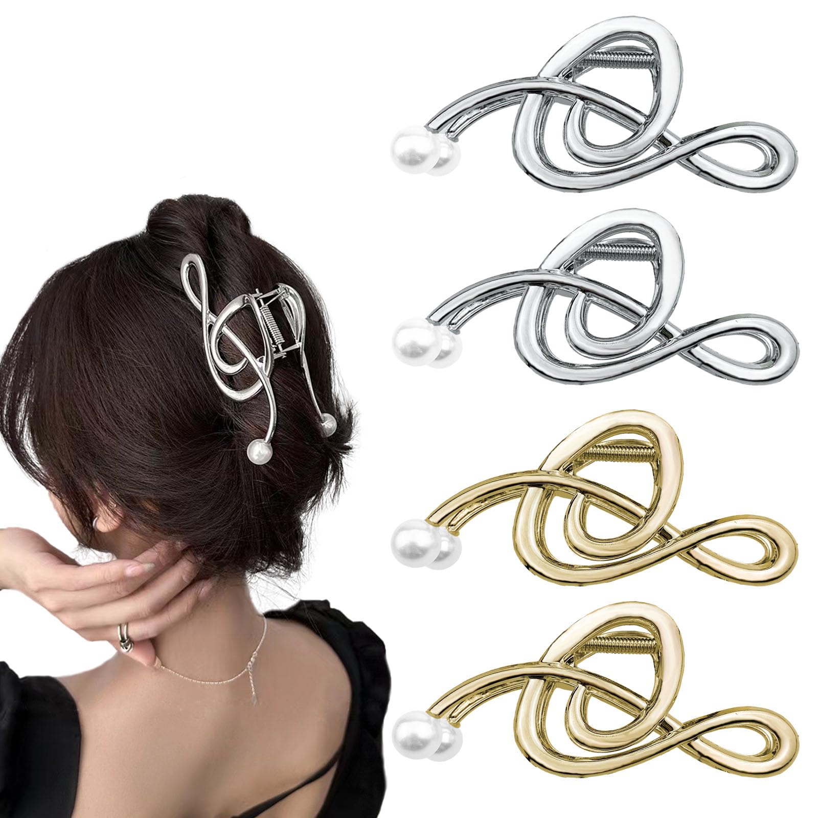 4 PCS Musical Note Pearl Hair Clips, Large Metal Hair Claws for Thick Hair, Non-slip Barrettes, Cute Styling Accessories for Women
