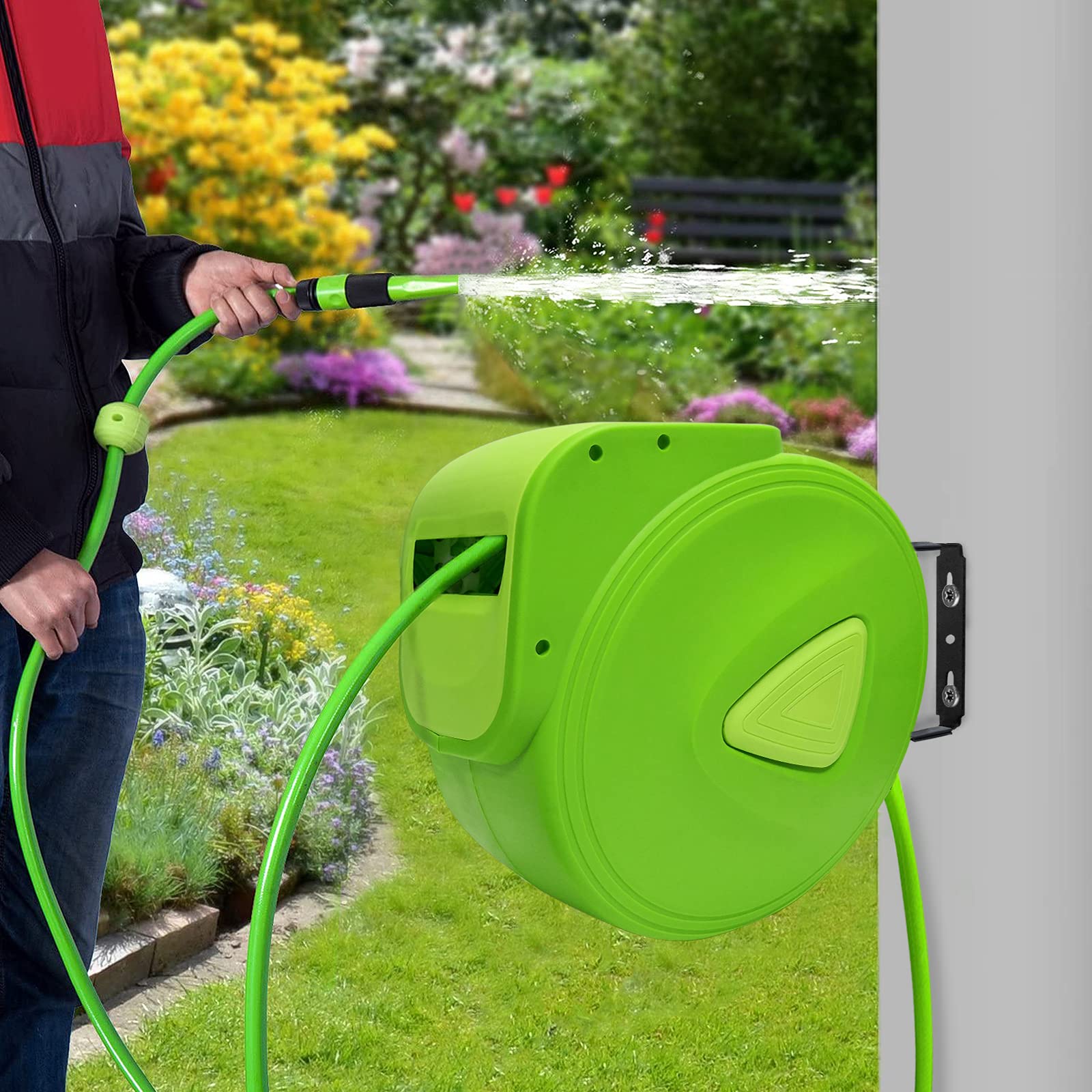 NAIZY Enrollador De Manguera De Agua De 20 M 3/4" Con Conexión Automática Giratoria De 180° Con Bola De Tope Y Acoplamiento Rápido, Verde