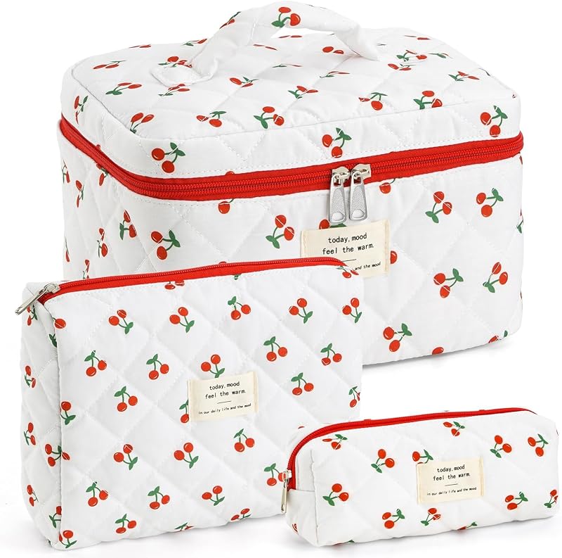 Necessaire de maquiagem UUYUUY com 3 peças, algodão matelassê, estojos com zíper, estampa Cherry