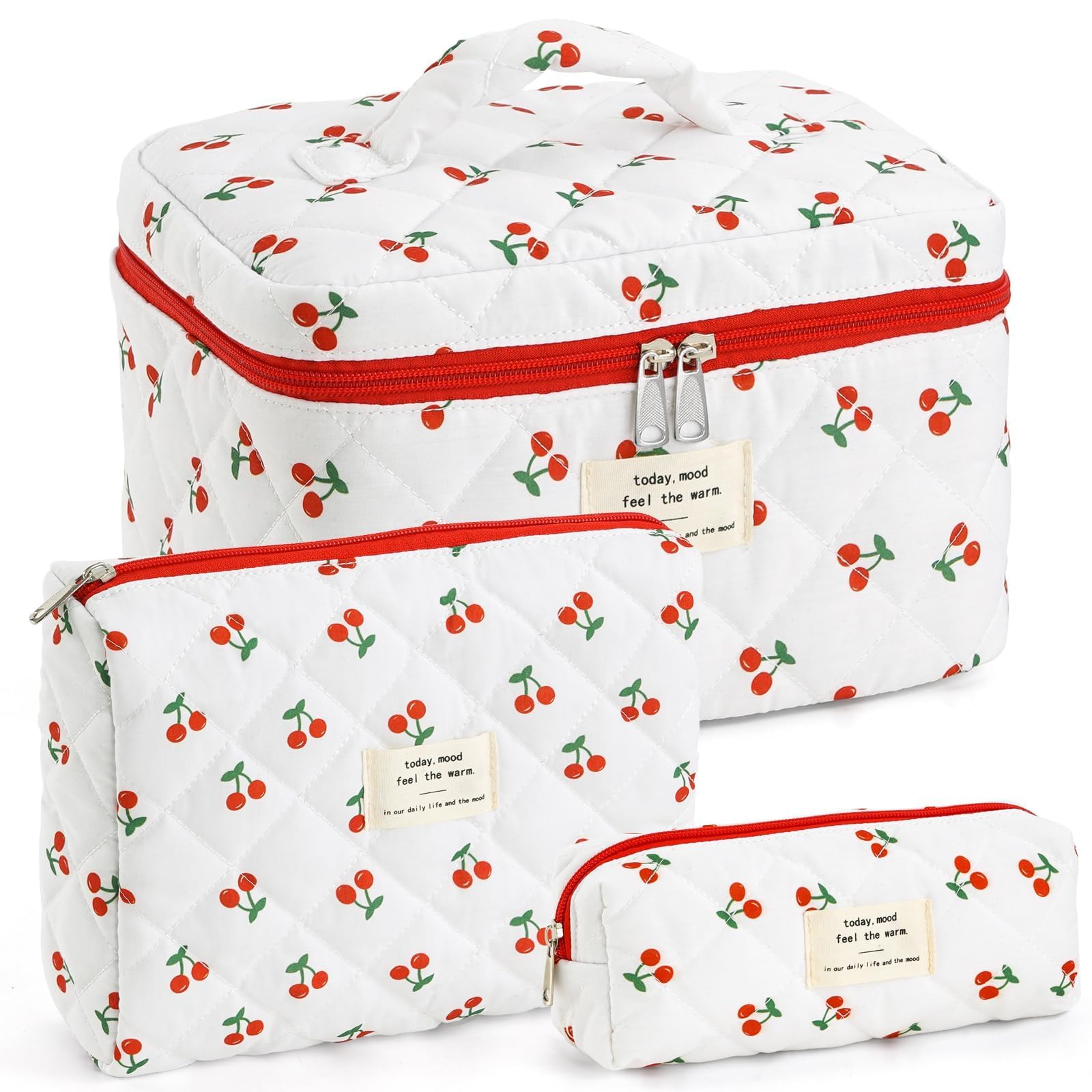 UUYUUY Makeup Bag for Women 3PCS Quilted Cotton Make Up Bag Travel Cosmetic Bag Large Makeup Bag Set Cute Makeups Organizer Floral Toiletry Pouch for