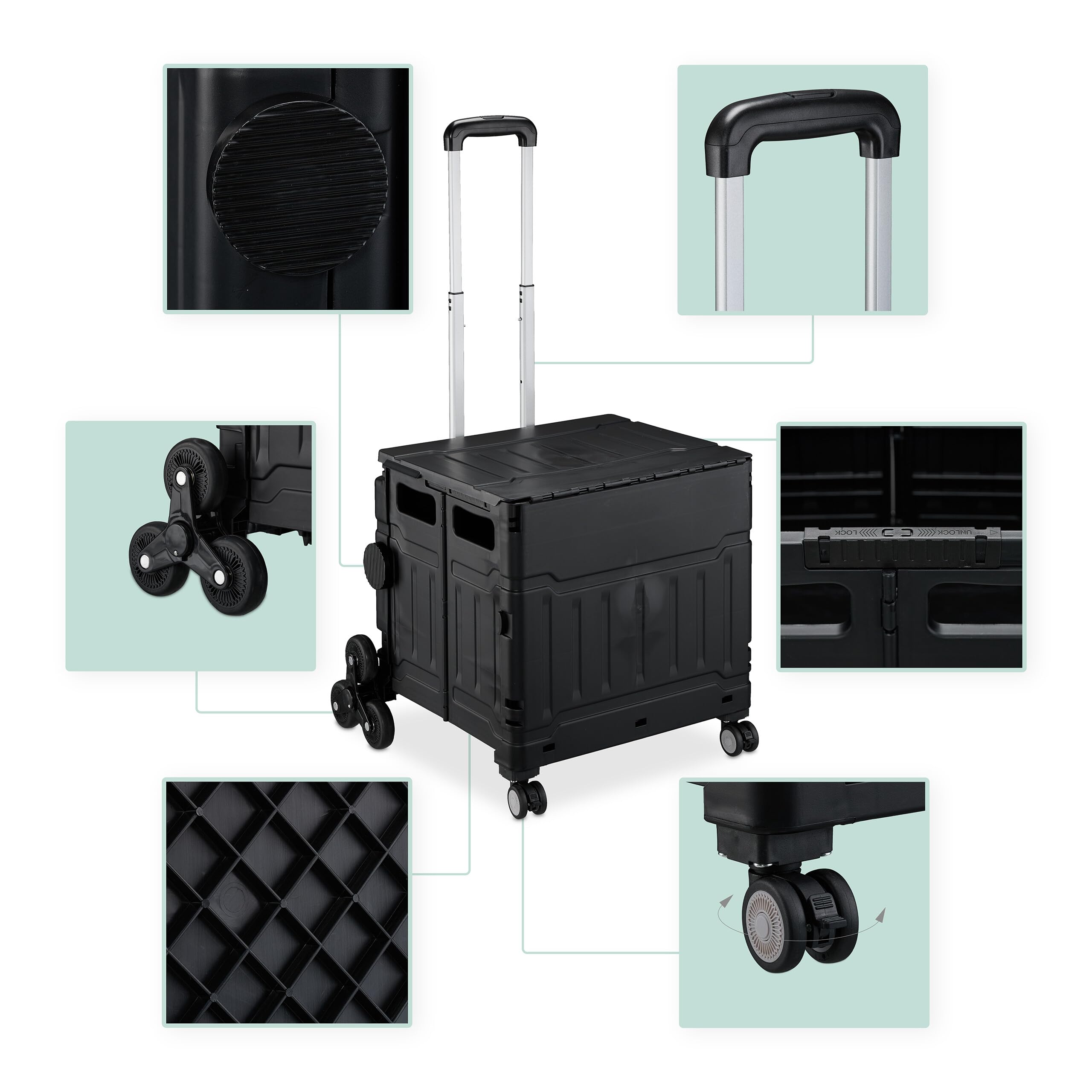 Relaxdays Carrello per Spesa Montascale, 50 kg Carico, Manico e Coperchio, Carrellino Trolley Portaspesa, Nero