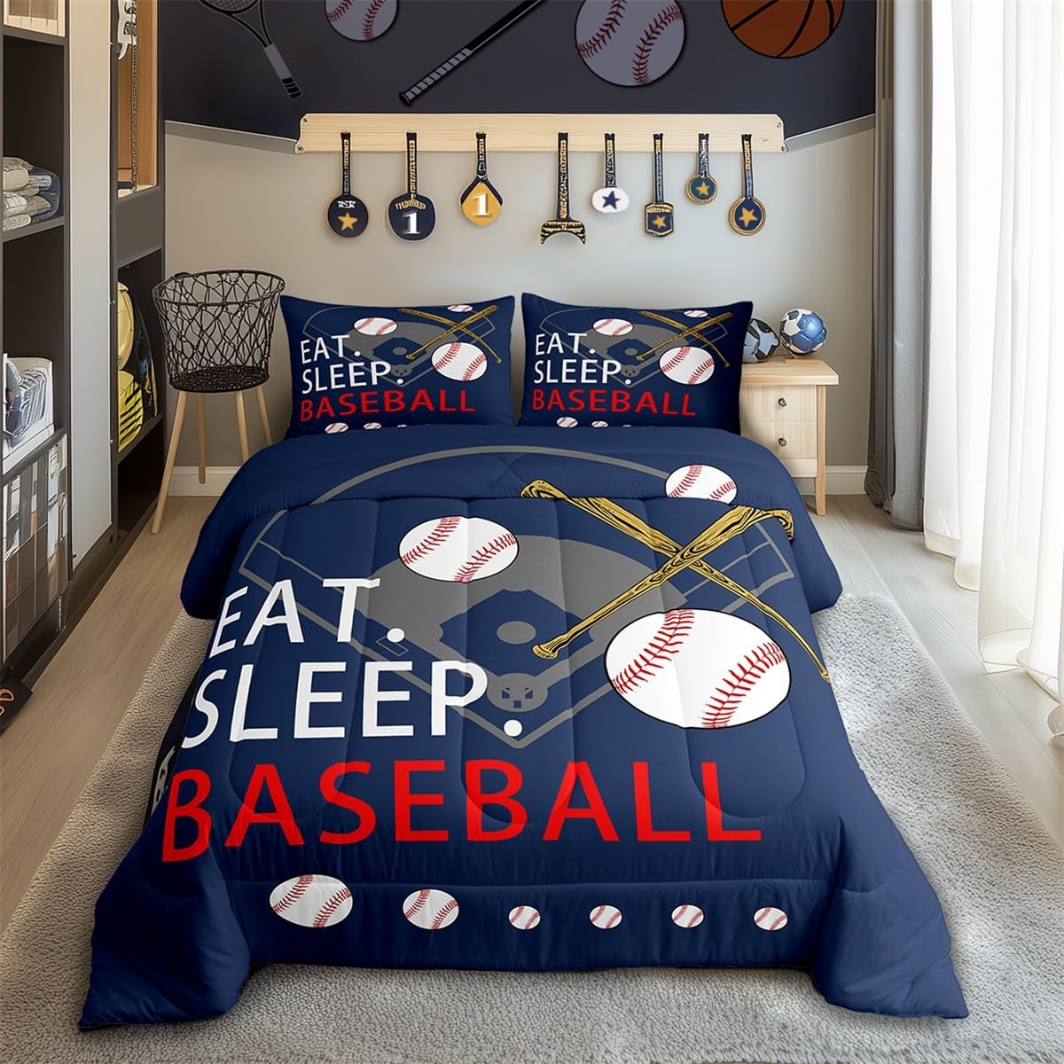Feelyou Kids Baseball Gaming Coverlet Set Twin Size Navy Blue Comforter Set for Boys Girls Teens Bedroom Decor Softball Comforter Women Men Ball Games Quilt Set with 1 Pillow Case