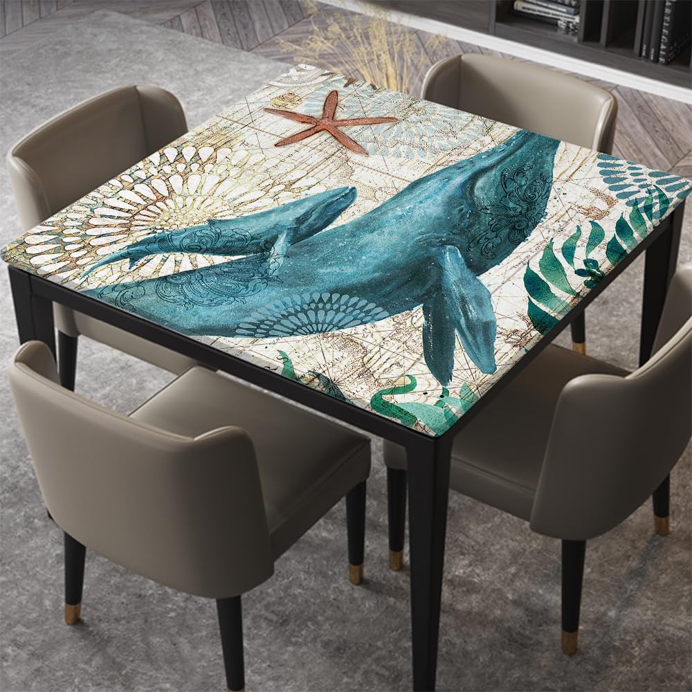 Sea Turtle Ocean Animal Square Fitted Tablecloth with Elastic Edge Fit Square Table, Waterproof Washable Table Cover for Dining Kitchen Party Indoor Outdoor Patio, Fitted for 32