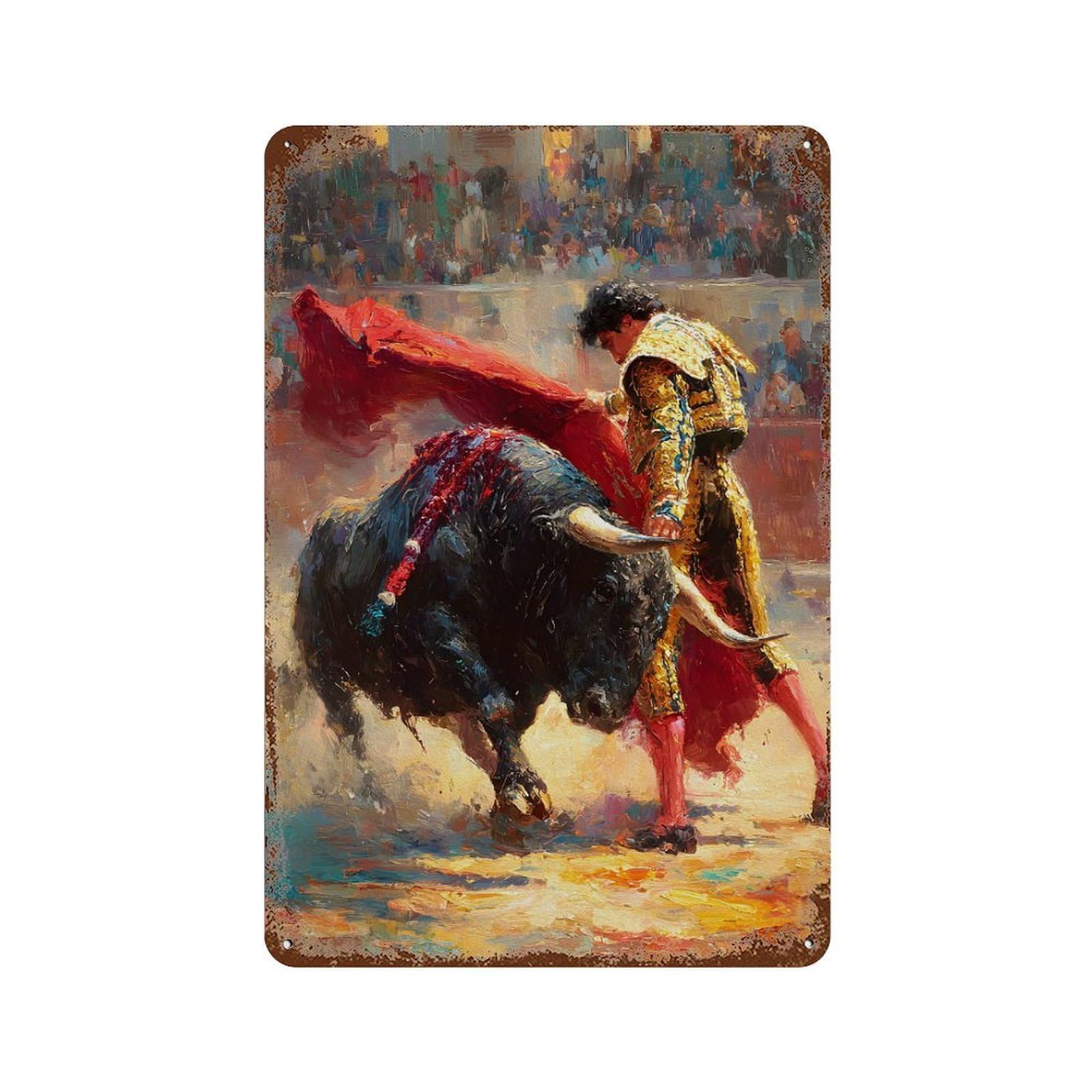 Garage Style Matador And Bull Corrida Bullfighting Aged Metal Wall Plaque 11.8"x7.9", Decorative Metal Wall Art for Bar And Workshop