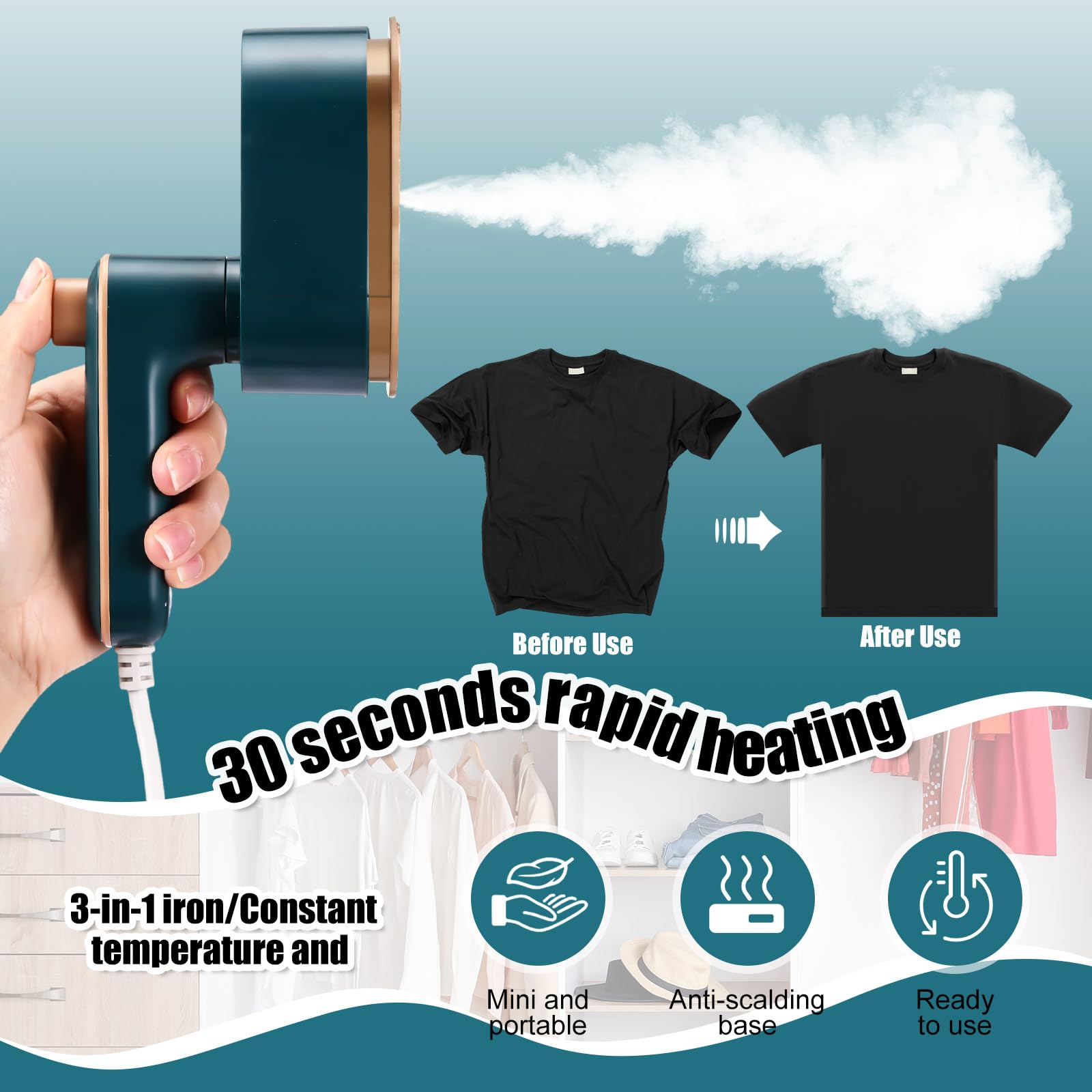 Mini plancha portátil de viaje para ropa, mini plancha de vapor de viaje 3 en 1, plancha de mano giratoria de 180°, plancha portátil de tamaño pequeño, plancha para planchar en seco y húmedo