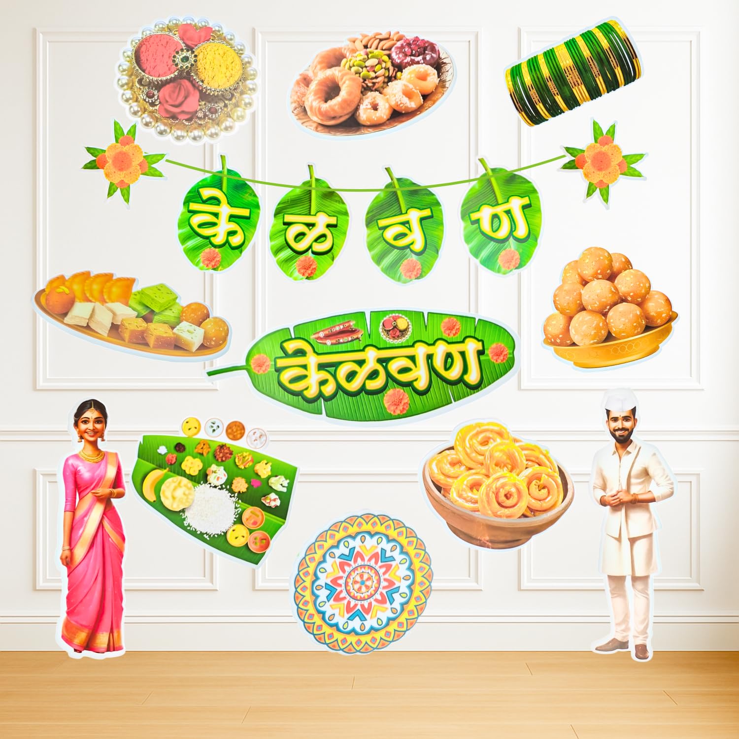 Party Decorz Kelvan Decoration Set (14 Pieces) | Traditional Kelvan Paper Banner & Paper Cutouts | Maharashtrian Ceremony & Function Decoration Kit-picture-14