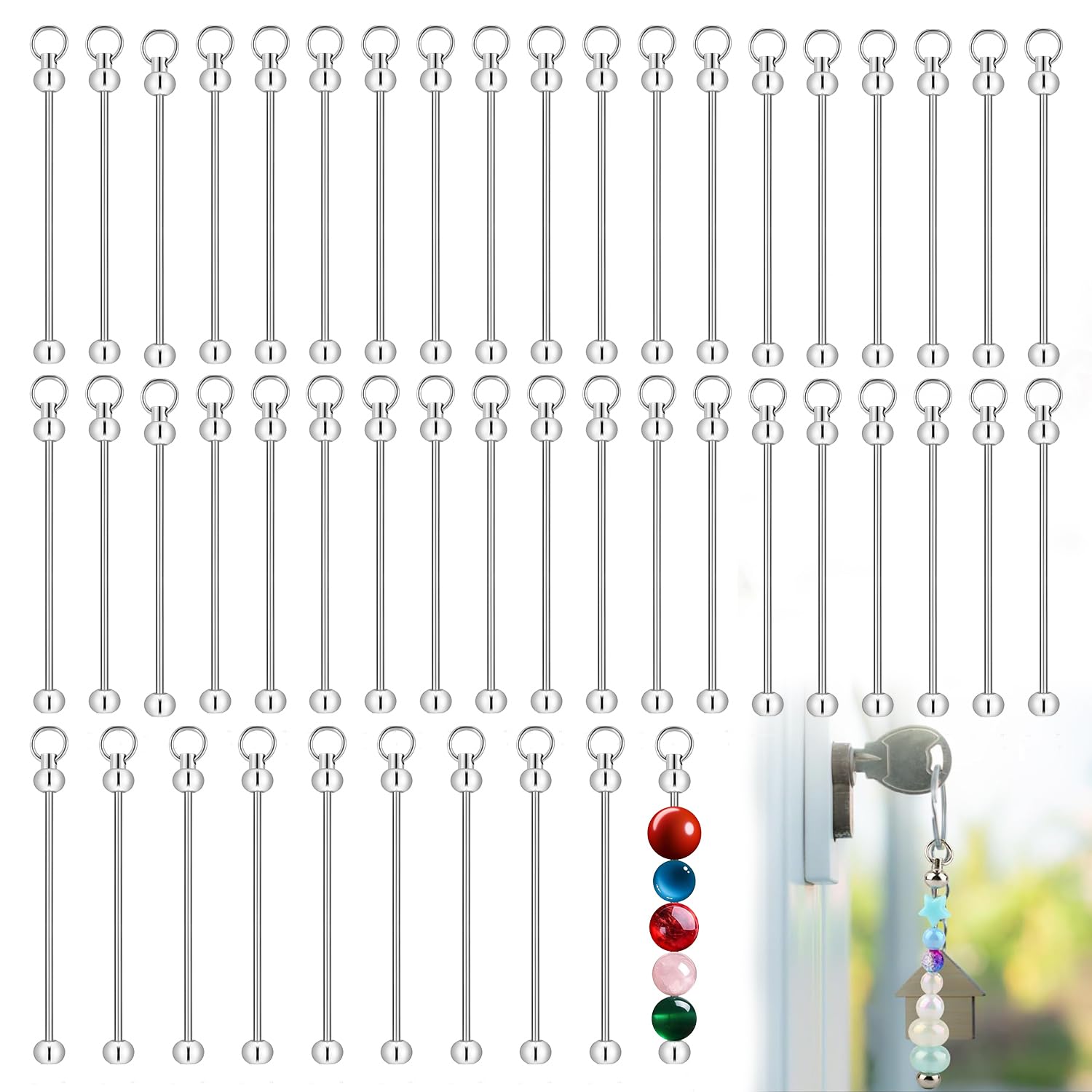 50Pcs Silver Metal Beadable Keychain Bars, Blank Detachable Key Chain, DIY Beaded Keyring Making Accessories for Handmade Pendant, Jewelry Craft and Custom Gift Projects