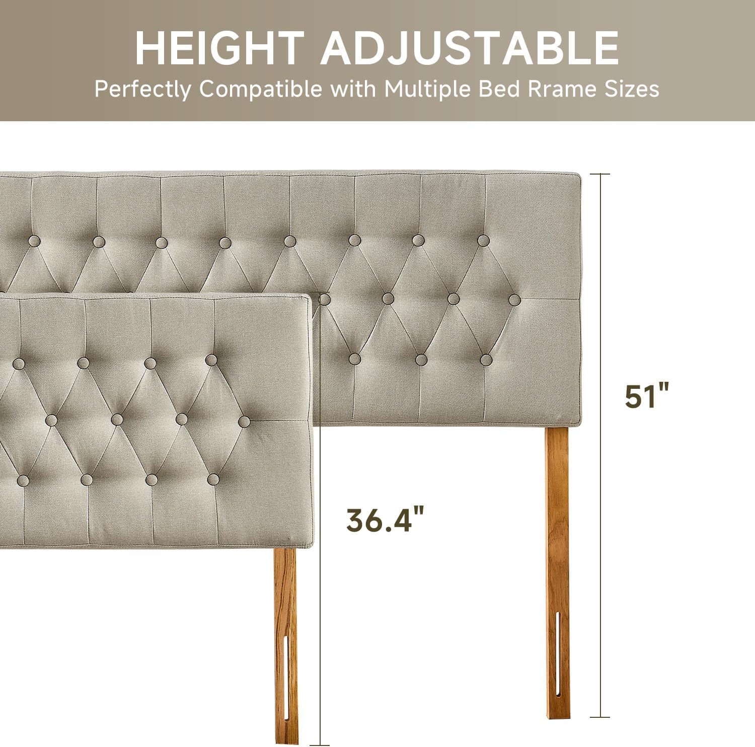 Upholstered Headboard King Size, Durable and Stable Bed Headboard with Solid Wood Legs, Adjustable Height from 37" to 51" Modern Head Board, Khaki