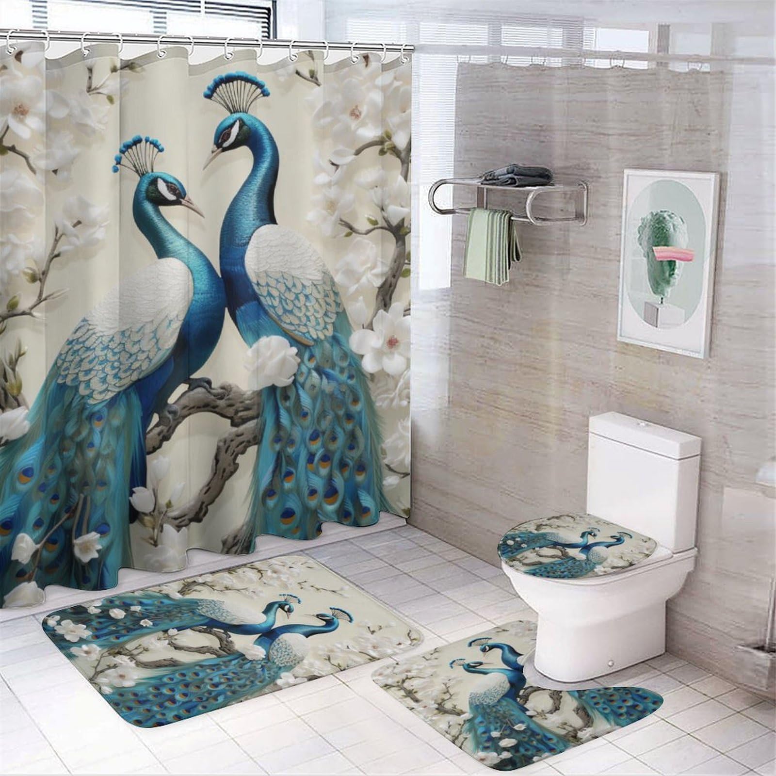 Dunmat 4 Pieces Retro Peacock Shower Curtain Set Beautiful Animal White Flower Bathroom Decor Sets with Rugs Bathroom Accessories Set Bathroom Curtain