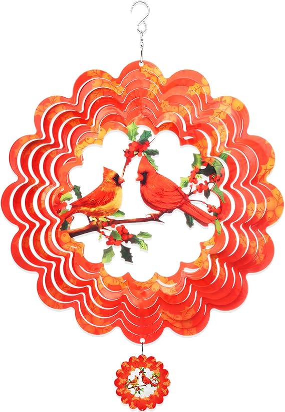 Cardinal Wind Spinner, 3D Bird Spinners with Holly Outdoor