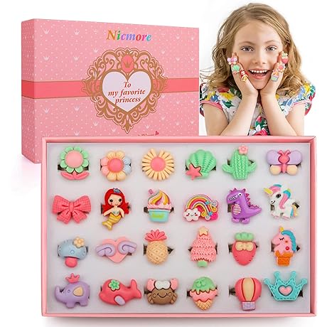 24PCS Adjustable Rings for Toddler Girls: Gift Set for Pretend Play and Dress Up