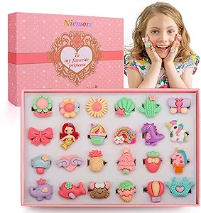 Nicmore Gifts for Girls' birthday Toys: 24pcs Adjustable Rings for 4-12 year old girl birthday gifts | Festive Gift for 3 4 5 6 7 8 9 10 11 12 Year Old Girl | A Variety of Rings Styles NO Duplication