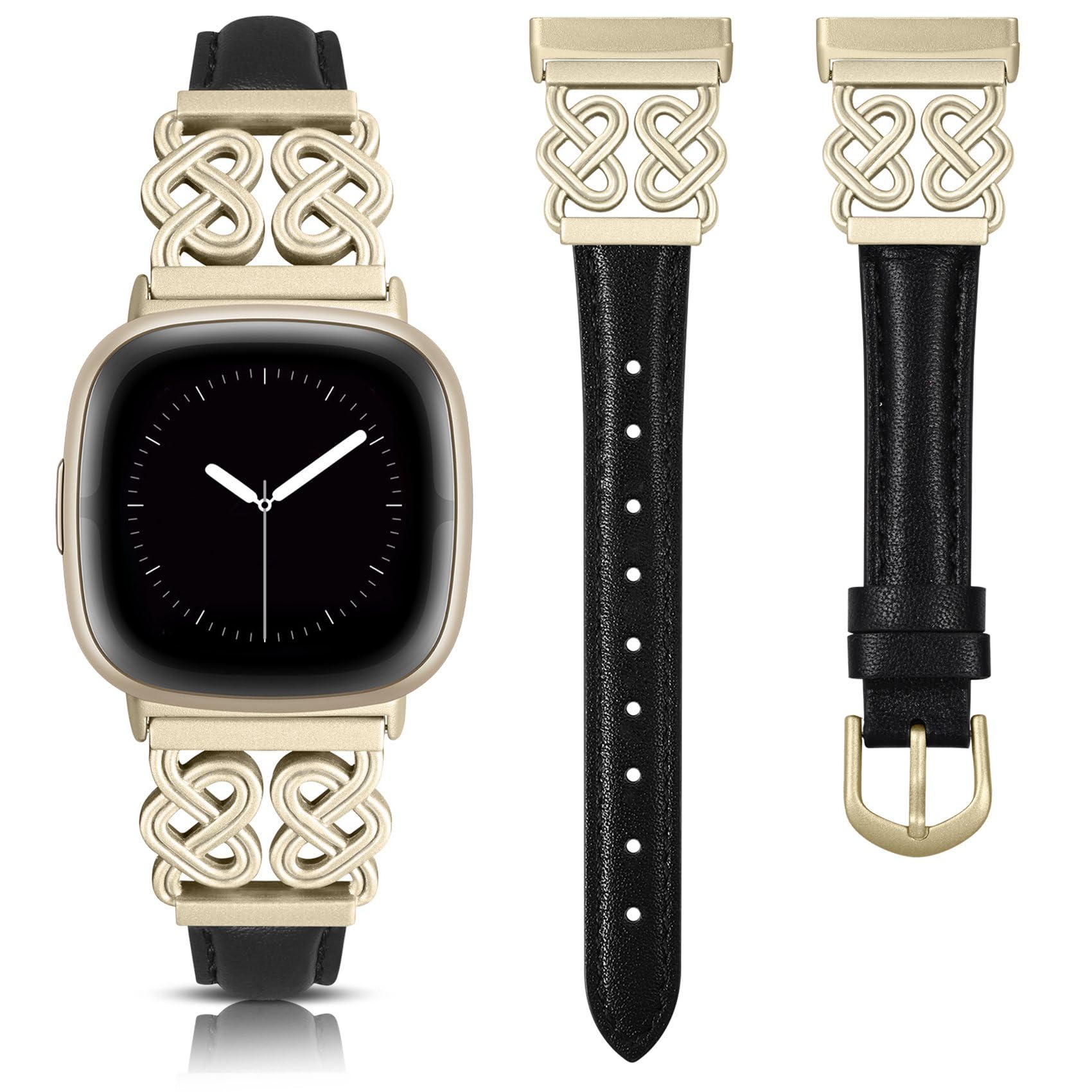 TOYOUTHS Leather Strap Compatible with Fitbit Versa 4/Versa 3/Sense 2/Sense Bracelet Women, Dressy Slim Leather Strap with Celtic Heart-Shaped Knot Buckle for Versa 4 Sense 2, Black/Champagne