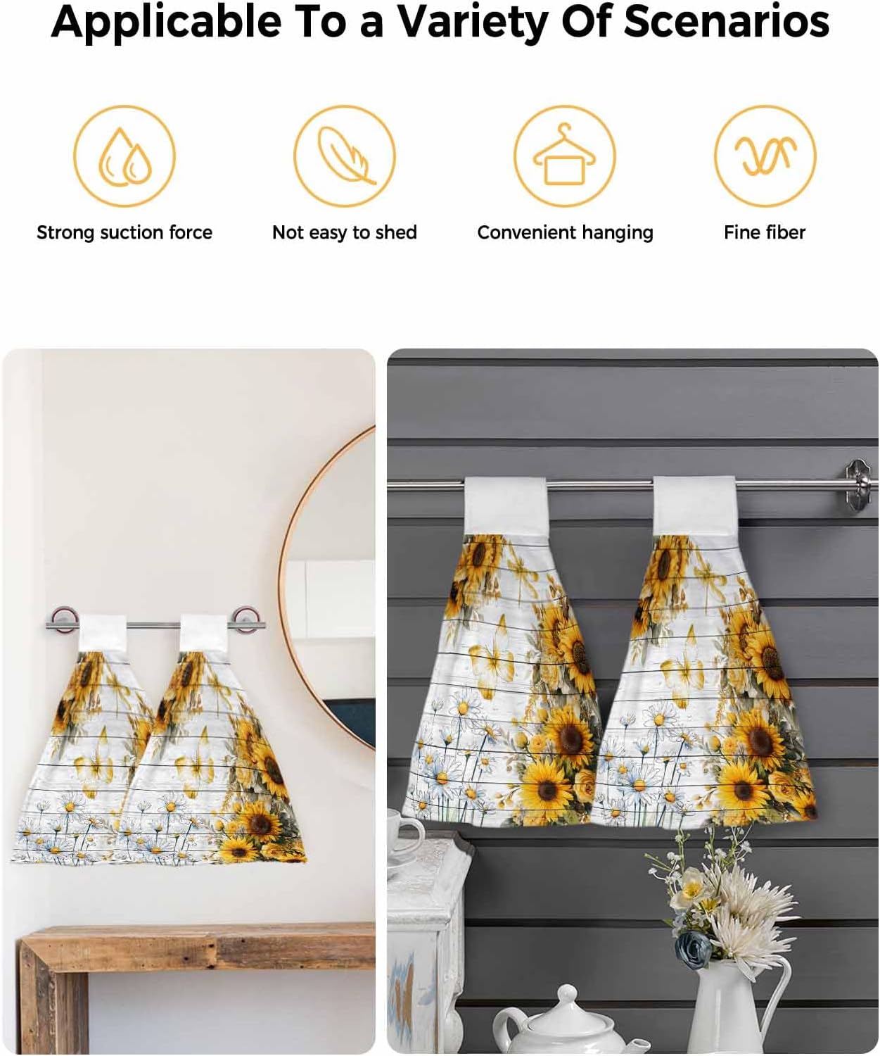 Farmhouse Sunflower Kitchen Hand Towels with Hanging Loops Set of 2 Vintage Daisy Butterflies Gray Wood Soft Thick Oven Fingertip Dry Microfiber Tie Dish Towel Absorbent Cleaning Washcloth