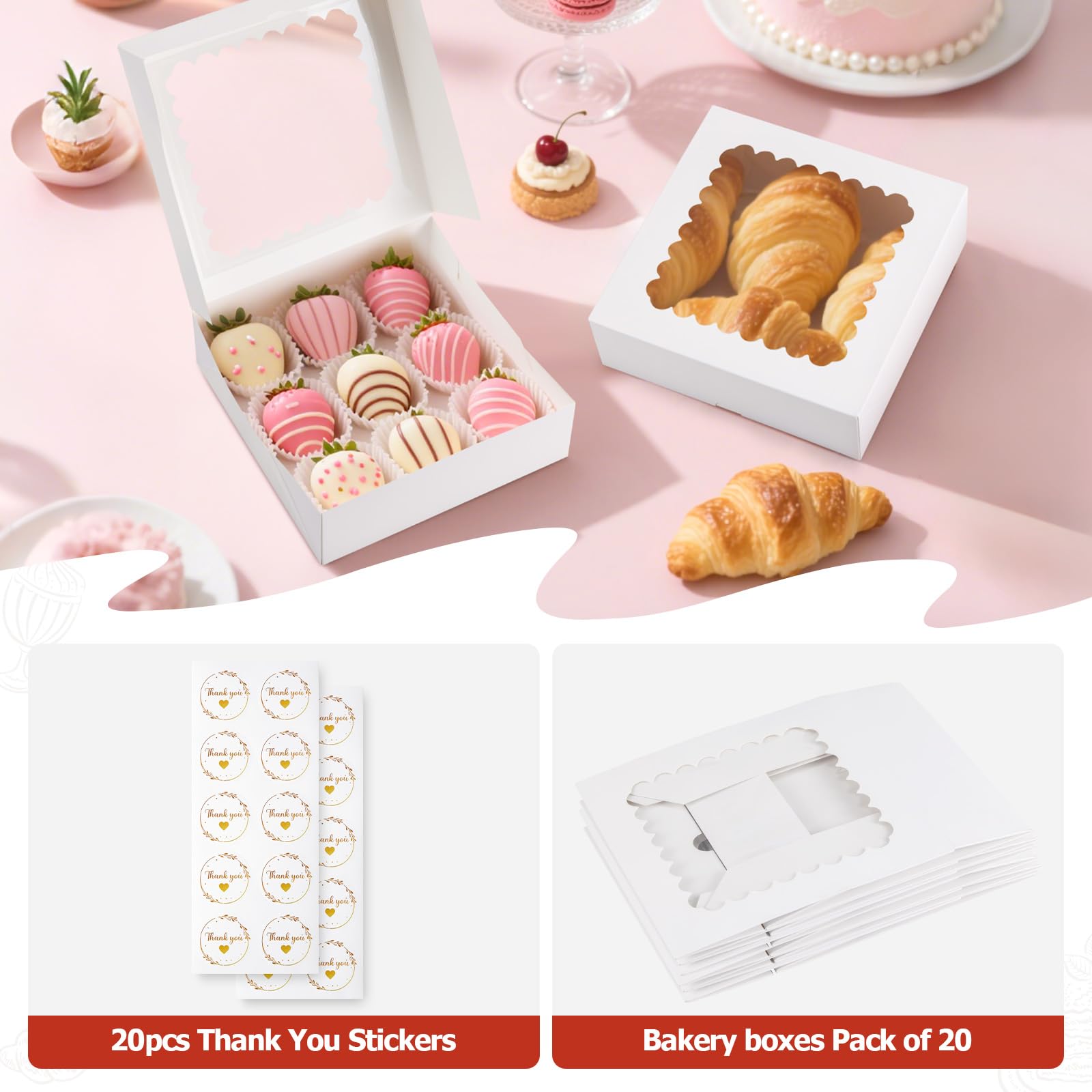 20 cajas de panadería con ventana, 8 x 8 x 2.5 pulgadas, cajas blancas para postres, galletas, pastelería, fresas de chocolate y pastel