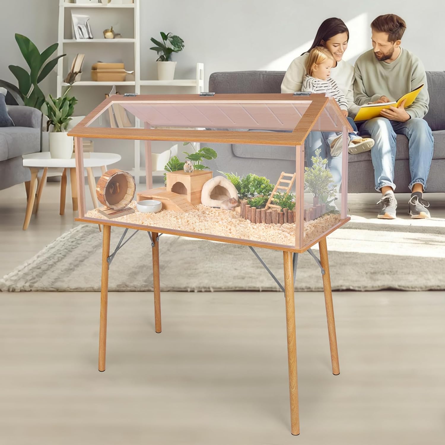Kalolary Large Wooden Hamster Cage, 40"L x 48"H Hamster House and Habitats Chewproof Small Animal Cages Openable Top with Transparent Viewing Hamster Enclosure for Dwarf Chinchilla Gerbils Other Pets