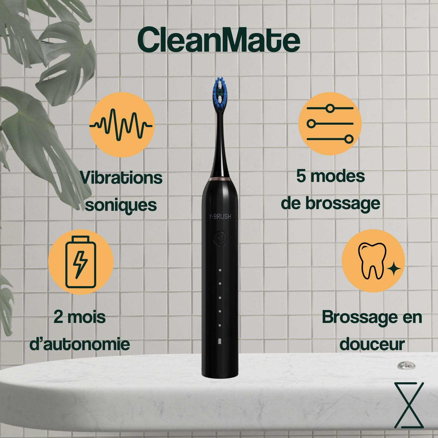 CleanMate - Cepillo de dientes eléctrico sónico compatible con cabezales de cepillo en Y, 2 meses de duración