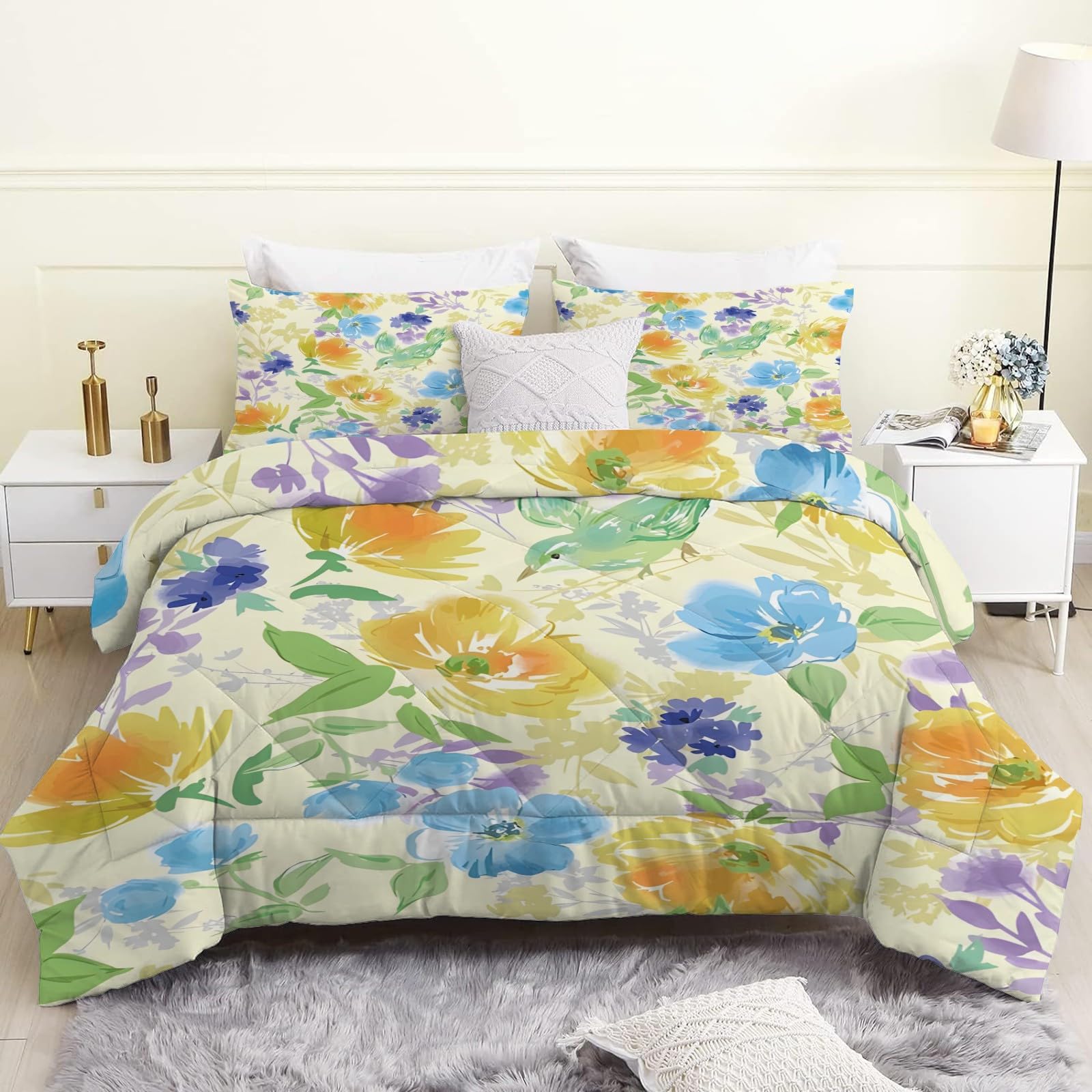 Luxury Super King Size Yellow Floral Reversible Coverless Duvet Soft All Seasons Comforter with Machine Washable Microfiber Quilt and 2 Pillowcases 220x260 cm Green Leaves Pattern