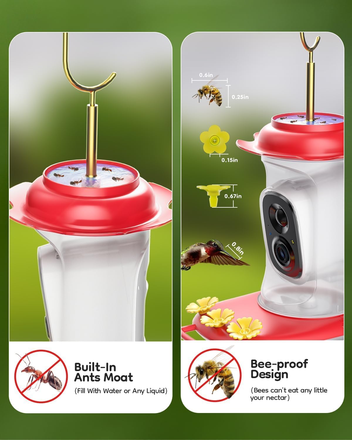 LongPlus Solar Hummingbird Feeder with Camera, 2K Live View Smart Humming Bird Feeder, AI Identify, Ant Guard & Moat, Bee Proof, 3 Feeding Ports, Outdoor Hanging Bird Feeder Ideal Gift for Bird Lovers