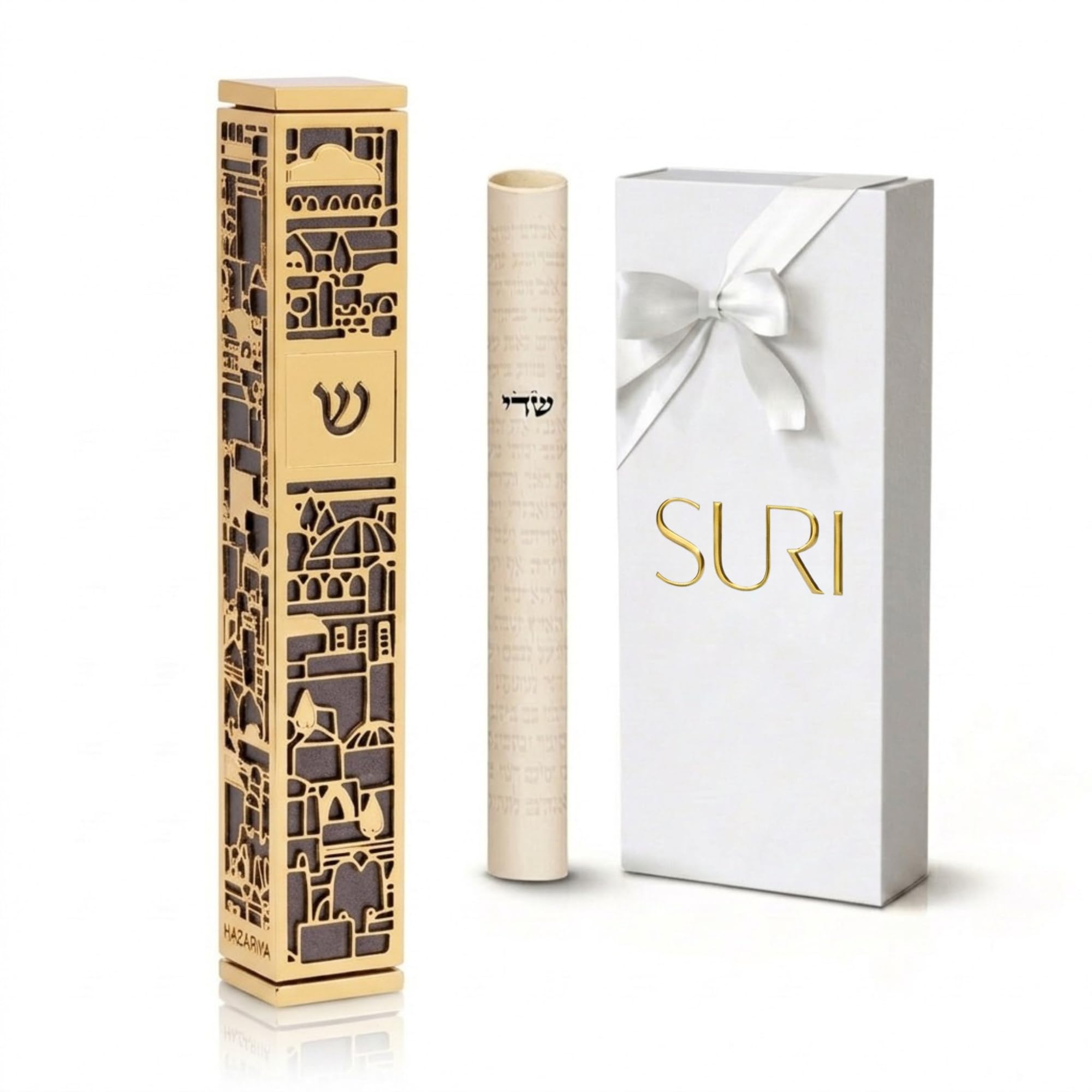 SURI Mezuzah for Door with Scroll, 6 Inch Gold and Gray Mezuzah Case with Non Kosher Scroll Inside, Fits a 5 Inch Scroll, Includes Adhesive and Gift Box