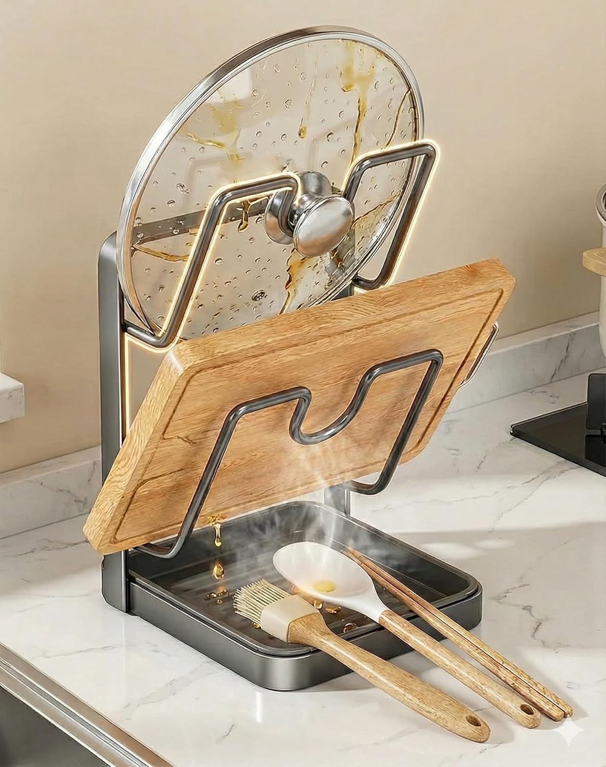 Kitchen Pot Lid Storage Rack & Organizer – Metal Pot Lid Holder While Cooking for Countertop – Heavy Duty Pan Lid Holder Stand with Drip Tray & Spoon Rest for Spatulas, Ladles & Large Lids (2-Layer)