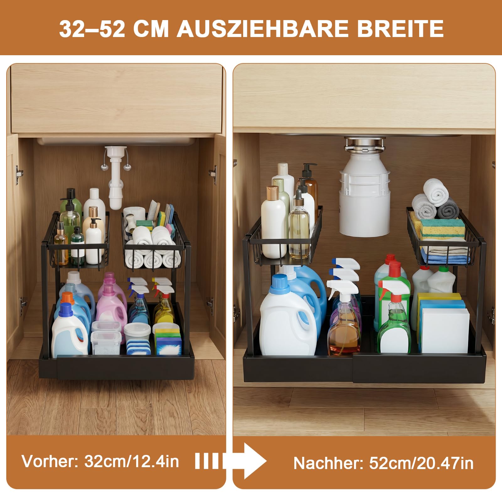 Erweiterbar Schrankkörbe 2 Etagen, Ausziehbare Schublade Organizer