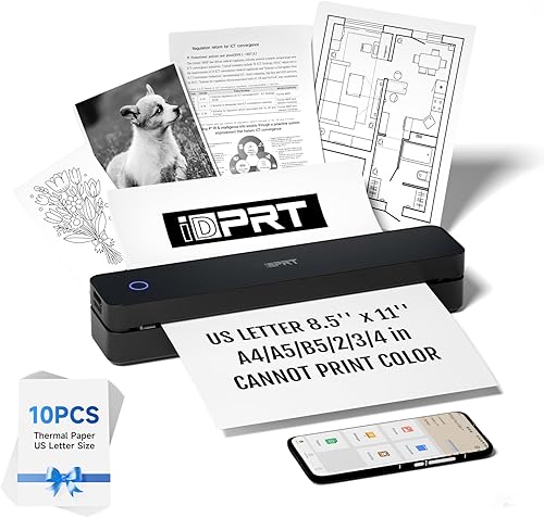 iDPRT Impresora Portátil Inalámbrica para Viajes - Impresora Móvil Bluetooth Compatible con Papel Tamaño Carta de EE.UU. de 8.5"x11", Sin Tinta,