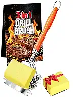 Professional 3-in-1 Grill Brush and Scraper with Safety Second Sweep Sponges - 18" Detachable Long Handle BBQ Cleaner for Heavy Duty Grime - Ideal Father's Day Grilling Gift for Men (Orange)