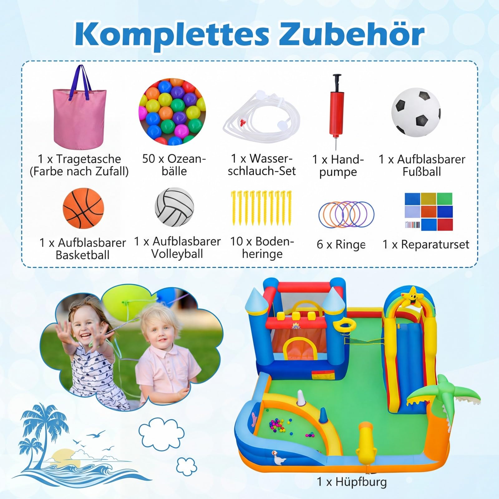 COSTWAY Hüpfburg mit Wasserrutsche, Kletterwand, Sprungbereich, Bällebad, Ringwurfspiel, Wasserkanone, Fußball, Basketball & Volleyball, Wasserhüpfburg für Kinder, Wasserpark für Außenbereich