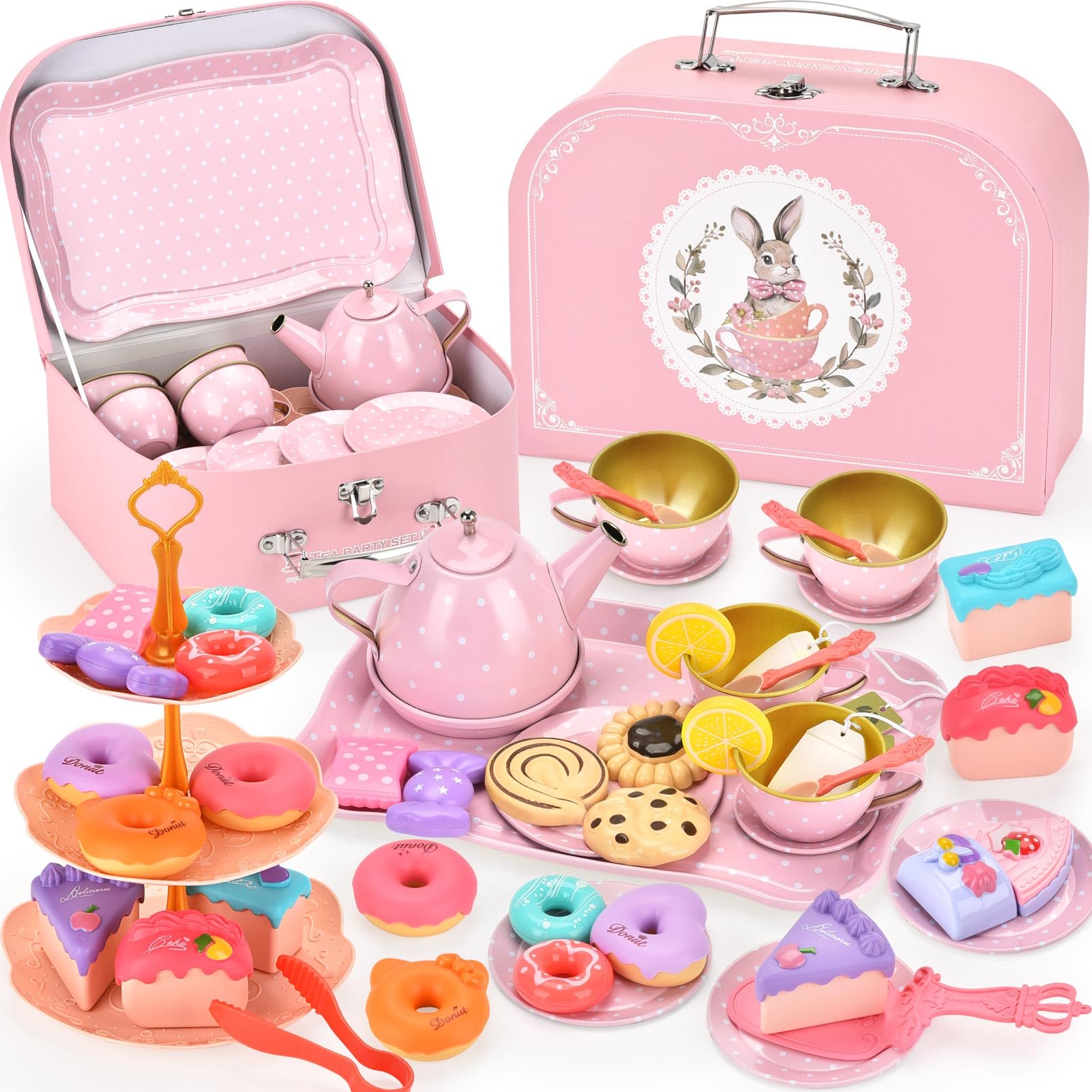 Lajeje Tea Party Set for Girls – Princess Toddler Birthday Gift, Bunny Tea Time Toys with Teapot, Desserts, Cups, Plates & Carrying Case, Pretend