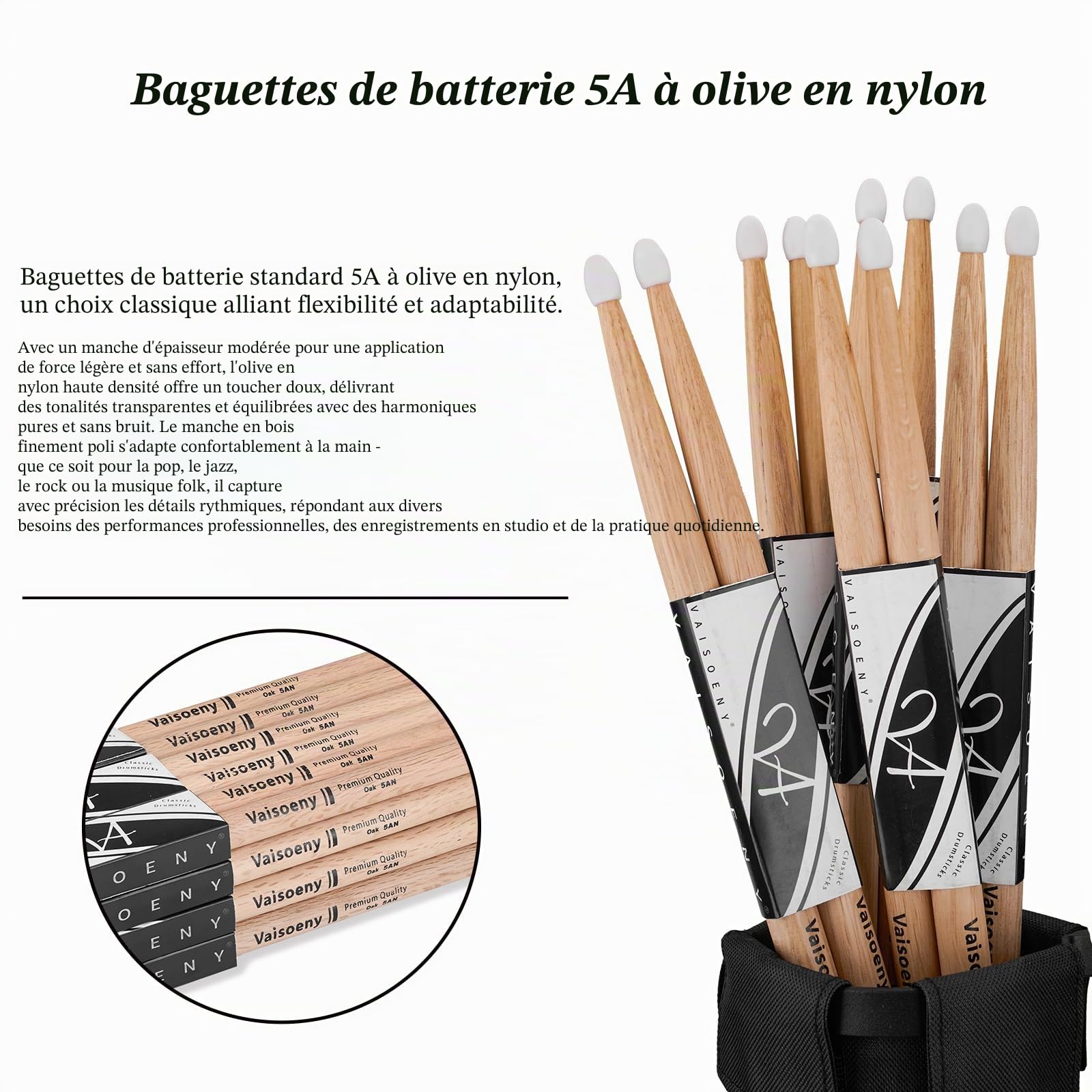 Baguette Batterie, Baguette Batterie 5A ovales en bois de chêne avec pointe en nylon pour batterie acoustique ou électronique (12 paires)