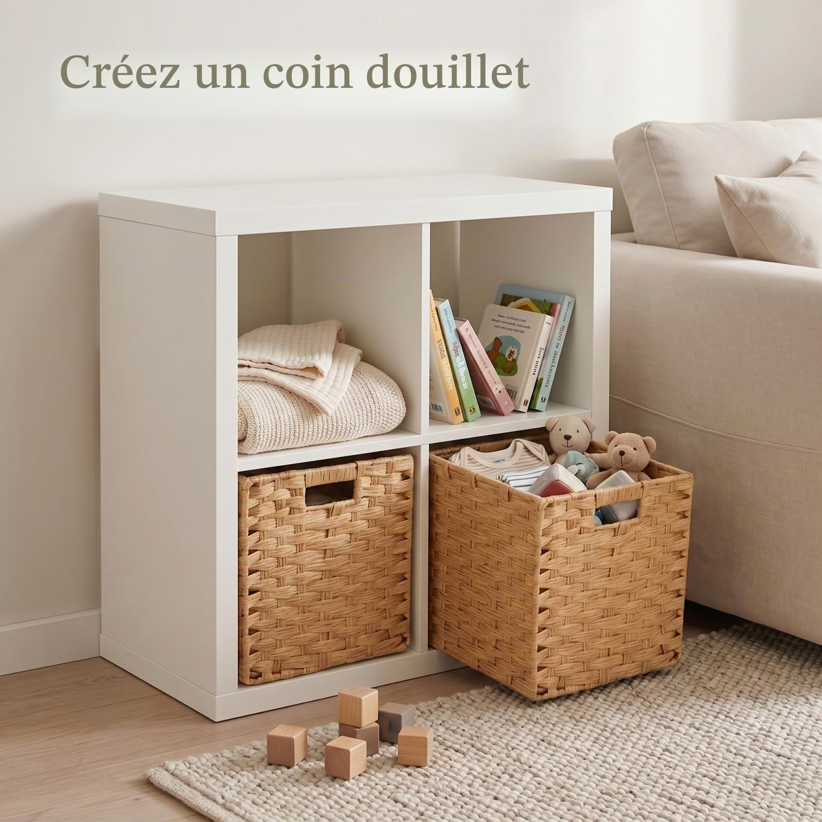 Lot de 2 paniers de rangement imperméables en rotin synthétique pour jouets, vêtements, chambre d'enfant, placard, 28 x 28 x 28 cm (beige)
