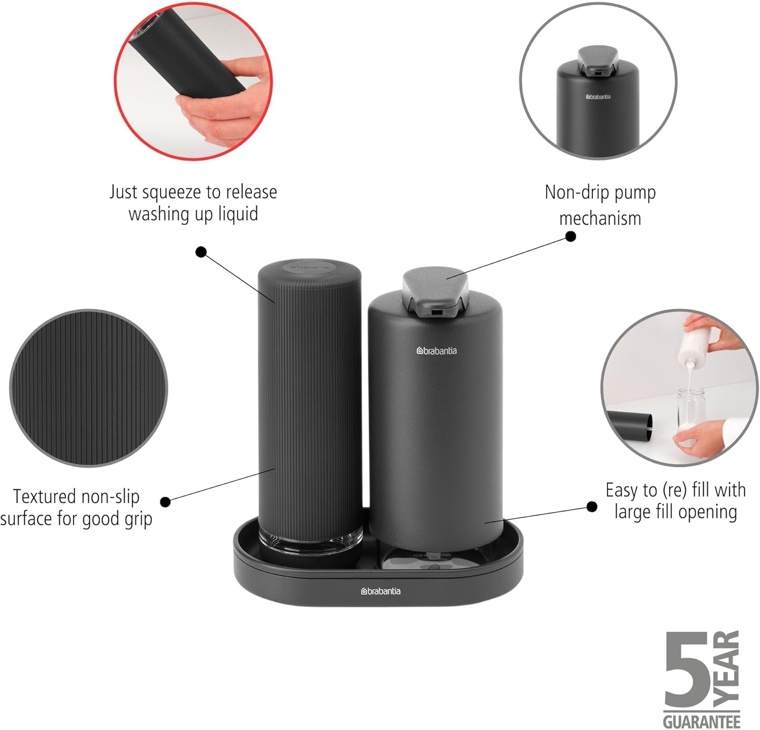 Brabantia - SinkStyle Soap Dispenser Set with 2 Stylish Dispensers for Hand and Dish Soap, Textured Tray, and Soap Squeezer – Mineral Infinite Gray, 2 x 6.8oz