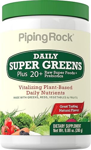 Super Greens Polvo 9.88 oz con fibra prebiótica Suplemento diario a base de plantas Sin OMG, sin gluten por Piping Rock