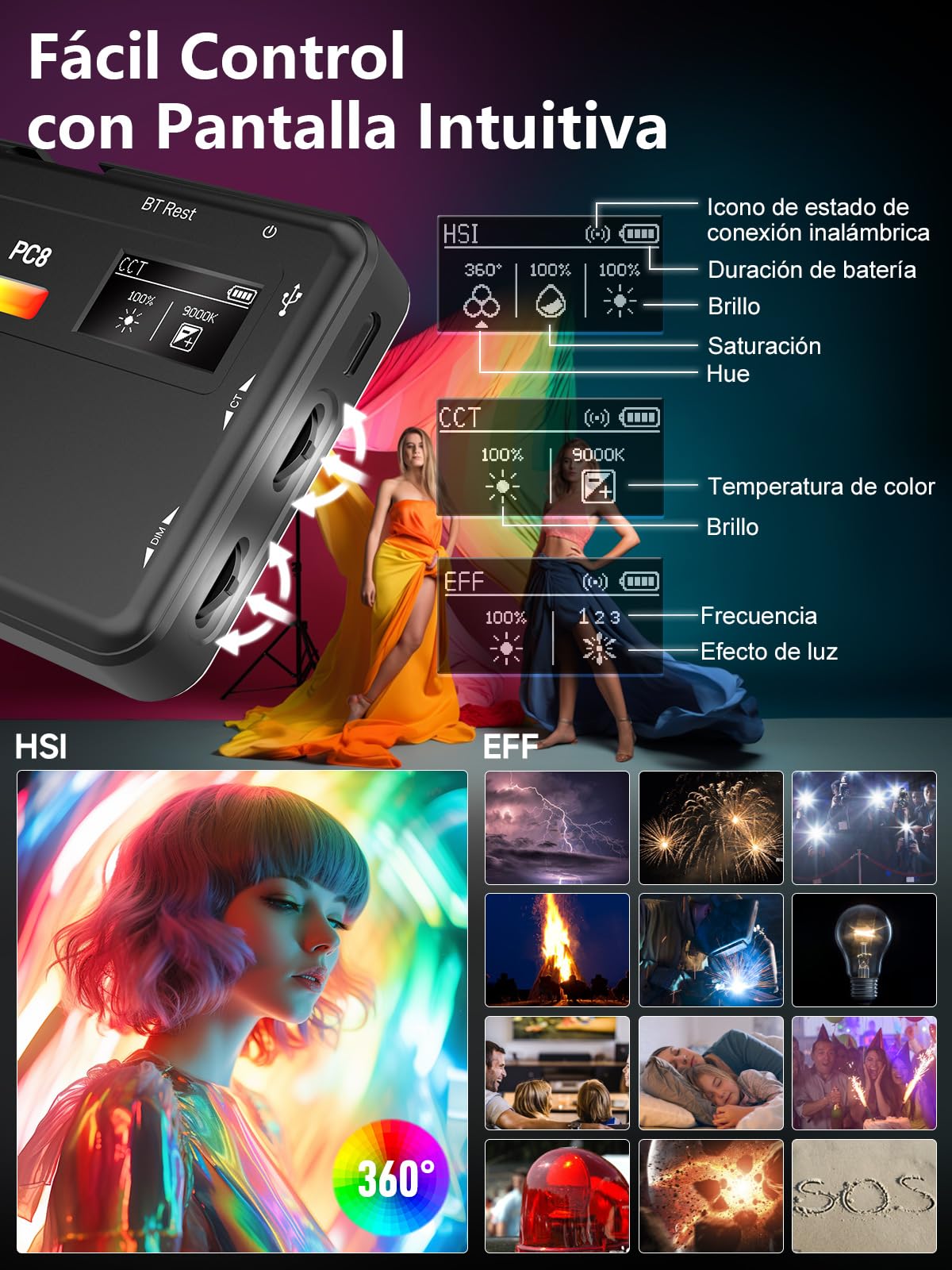 Moman PC8 Antorcha LED RGB Fotografia Portátil de 125g con Batería Recargable Iluminación Vídeo para DSLR Reflex, Foco-Cámara-Antorcha-Video-Led
