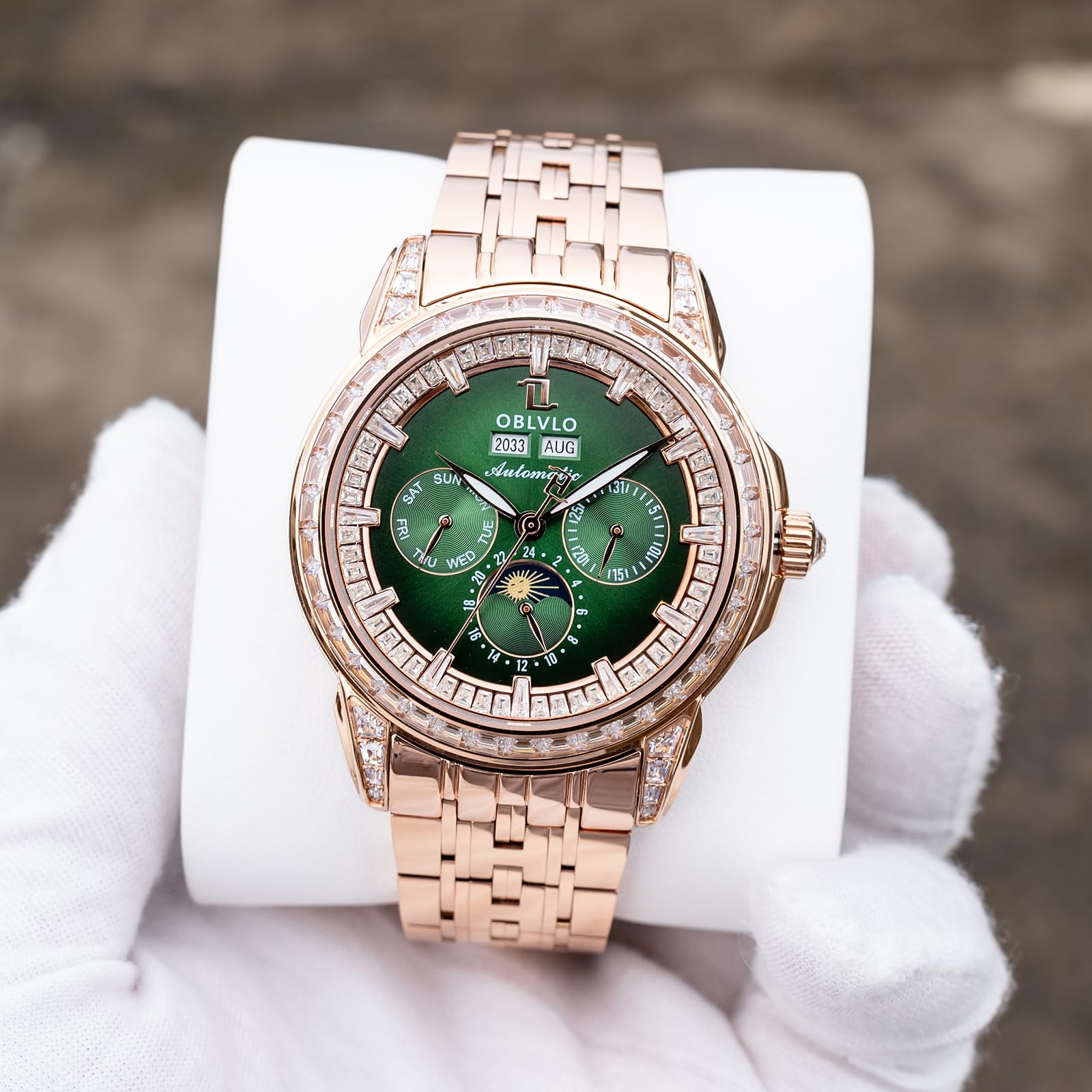 OBLVLO GCM-MUT Orologio da uomo di lusso in acciaio inossidabile 316L con fasi lunari con lunetta con diamanti multifunzione 24 ore