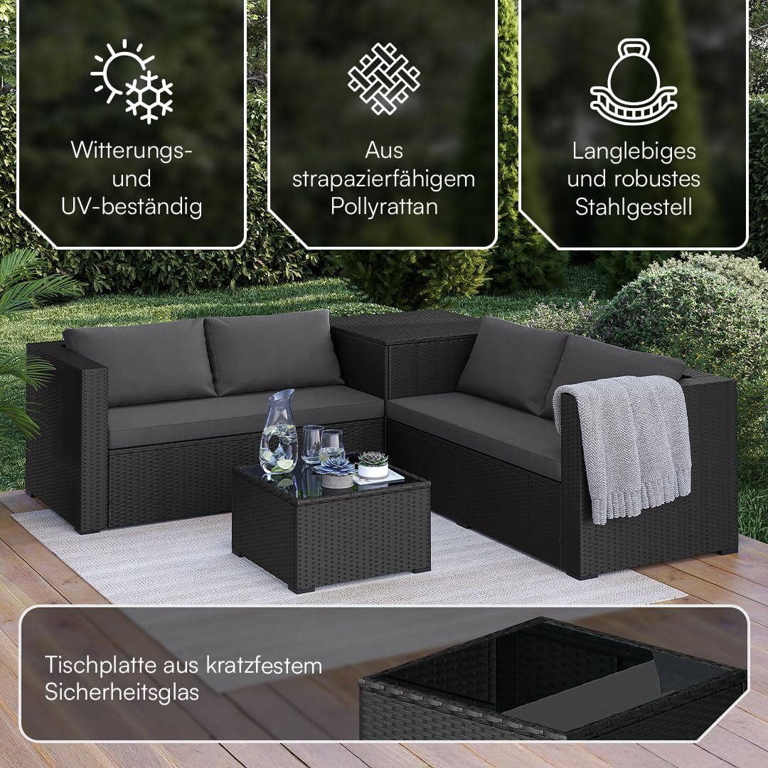 STEELSØN Veloria Rattan Gartenmöbel Set 4-TLG. – Gartenlounge mit Sofas, Tisch & Box – Outdoor Sitzgruppe bis 4 Personen – Sitzgarnitur Garten/Balkon/Terasse schwarz/anthrazit mit Stauraum