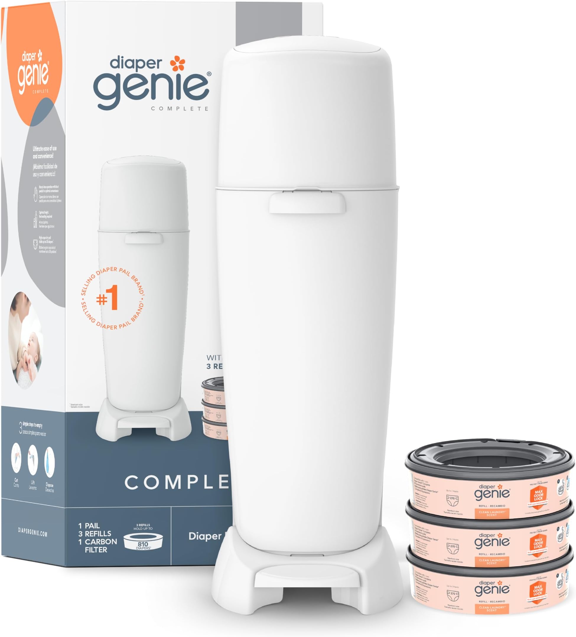 Diaper Genie Complete Pail (White) | Includes 3 Refills that hold up to 810 newborn-size diapers | Includes 1 Carbon Filter
