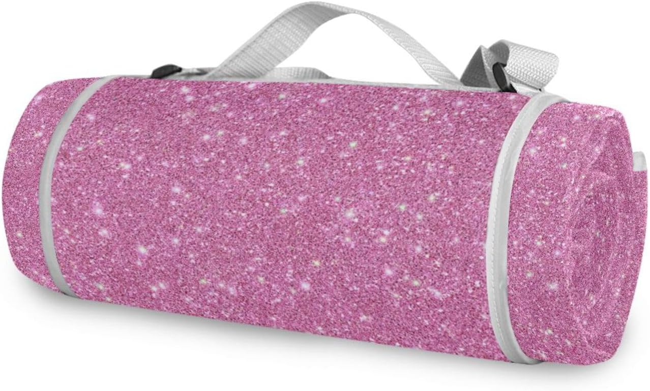 Round Camp Blanket - Fits 2 Adults, Summer Accessories Foldable Garden Mat Dual Layer, Sand-Free, Soft Throw Rug 58 in (Pink Glitter)