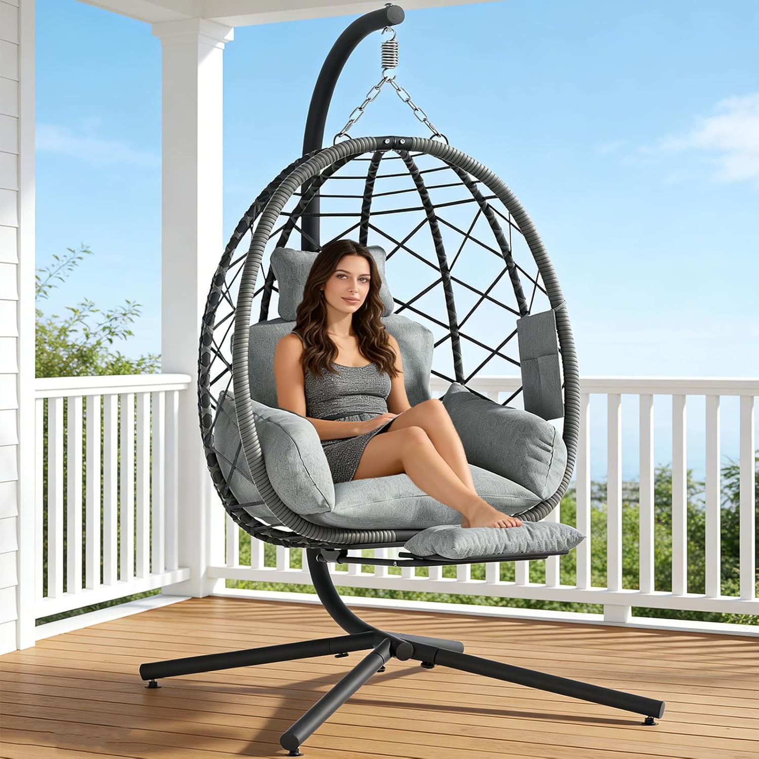 Suteck Hanging Egg Chair with Adjustable Footrest & Stand, Indoor Outdoor Wicker Egg Swing Chair with Cushion, 330lbs Capacity for Patio, Bedroom, Garden - Grey