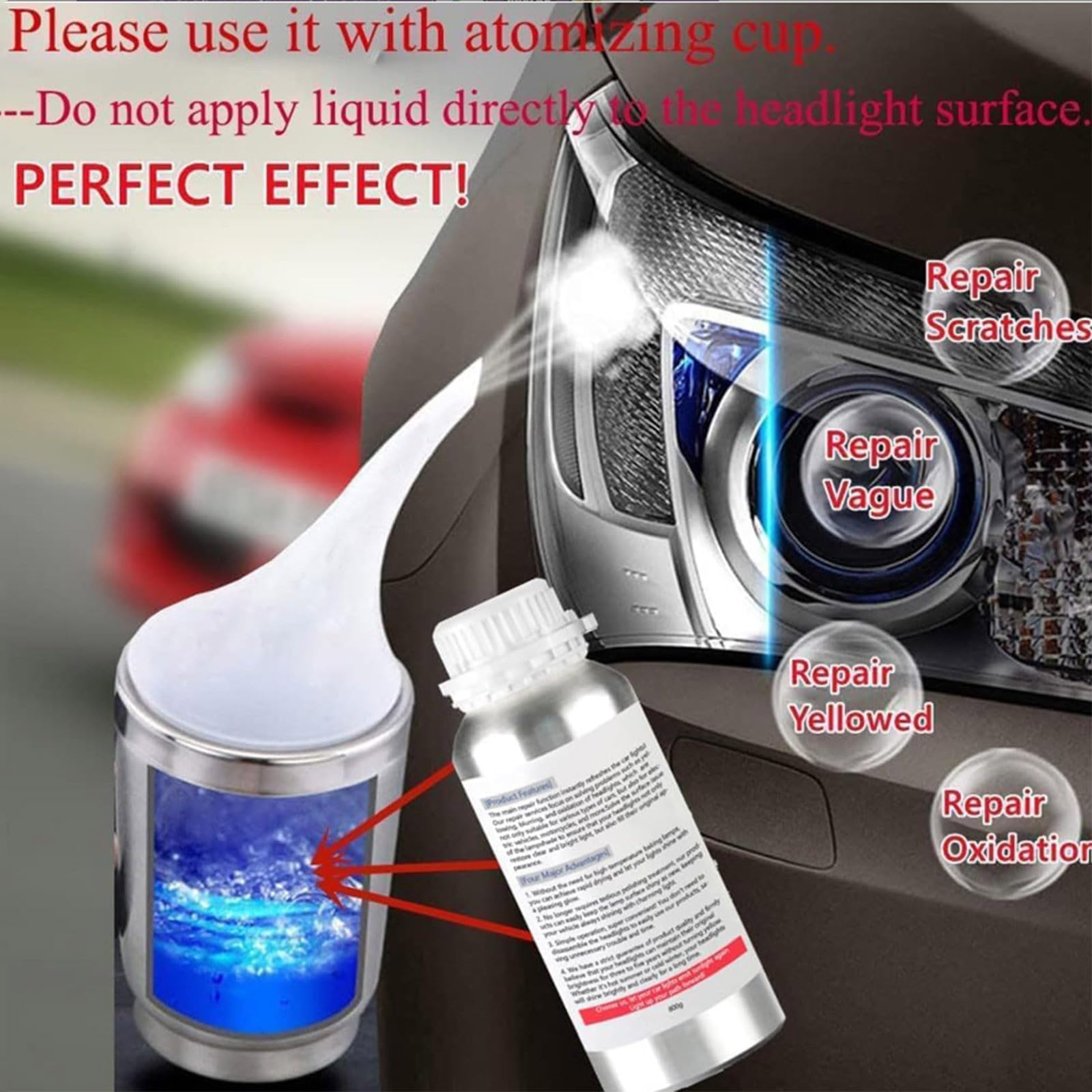 Zestaw do renowacji reflektorów samochodowych, zestaw do automatycznej wymiany reflektorów, z płynem naprawczym 100 ml, pojemnikiem atomizującym i nie tylko, do naprawy żółknięcia reflektorów, zamglen