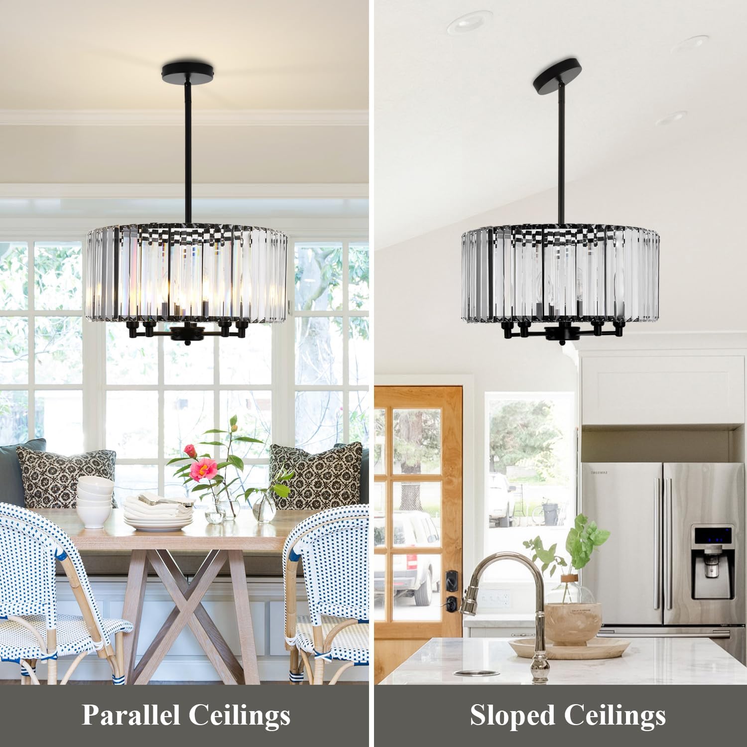 Farmhouse Drum Crystal Chandeliers, 5-Light Black Modern Round Ceiling Hanging Light Fixture, 17.7" Farmhouse Pendant Lighting for Bedroom Dining Room Kitchen Island Living Room Entryway Bar