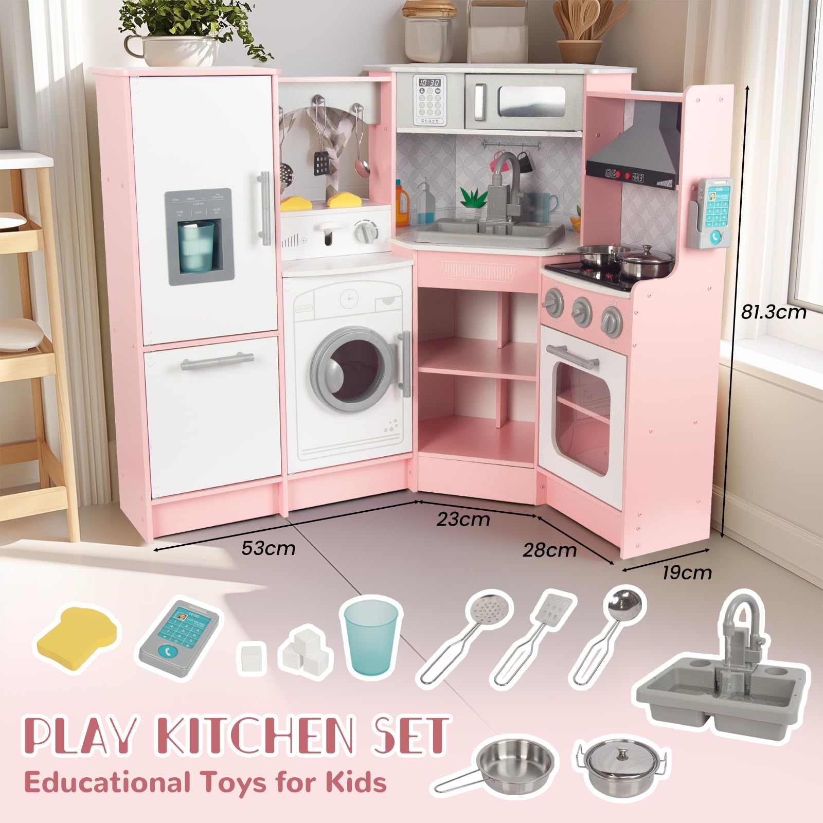 Rosa Hölzerne Kinderküche, Kinderspielküche mit Spüle Herd Backofen, Holzküche Spielzeugküche, Spielküche aus Holz mit Zubehör für Kinder ab 3 Jahren (Rosa 2)