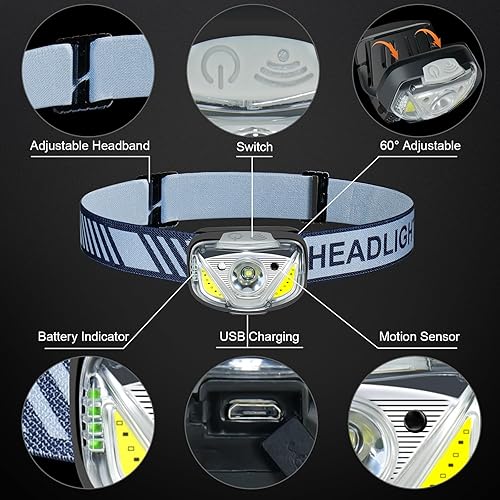 Miniatura 5 de Linterna frontal recargable, paquete de 4 linternas LED para faros delanteros brillantes con sensor de movimiento para acampar al aire libre,