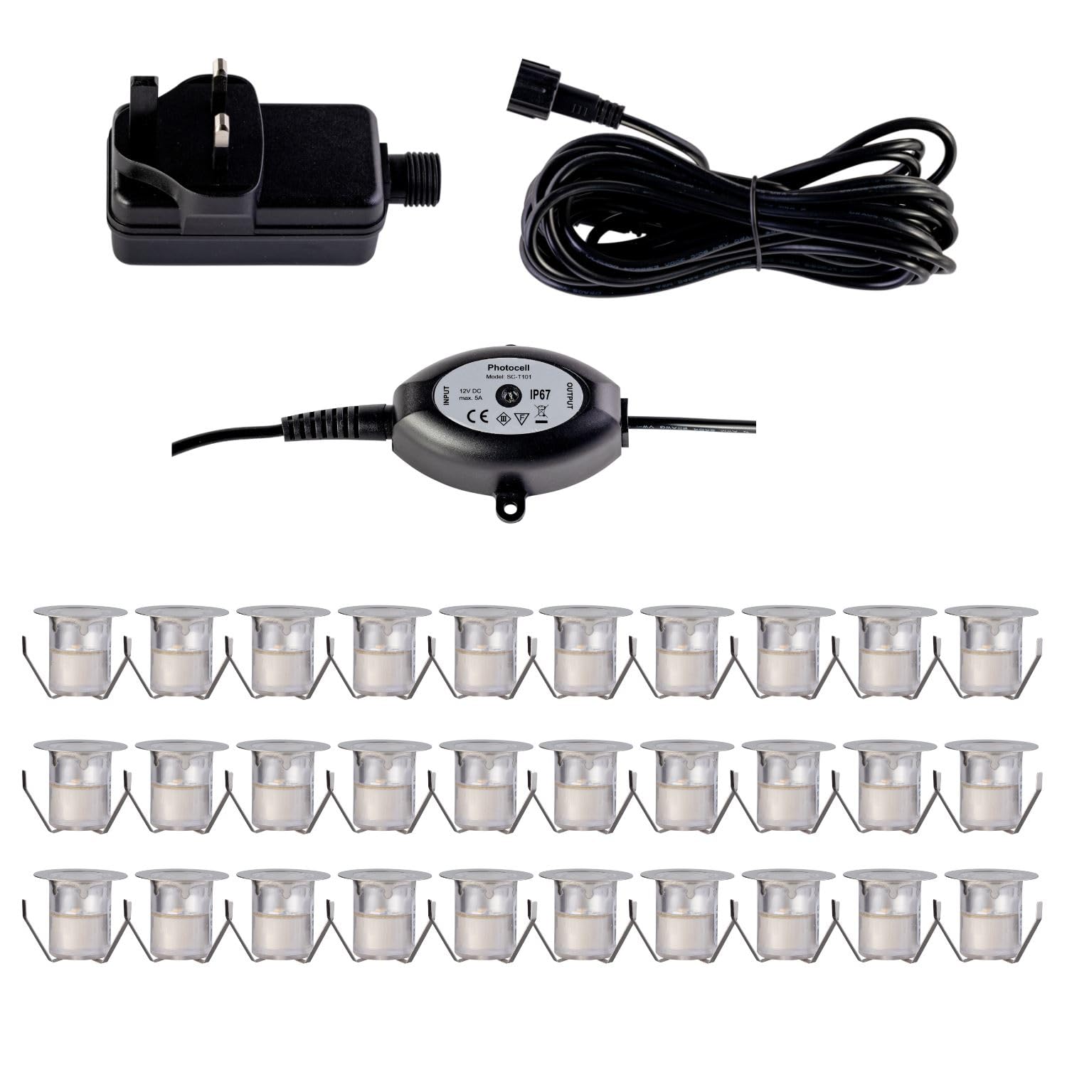 First Choice Lighting 30mm IP67 LED Decking Kit - 30 Pack - Warm White - Stainless Steel - Photocell Included