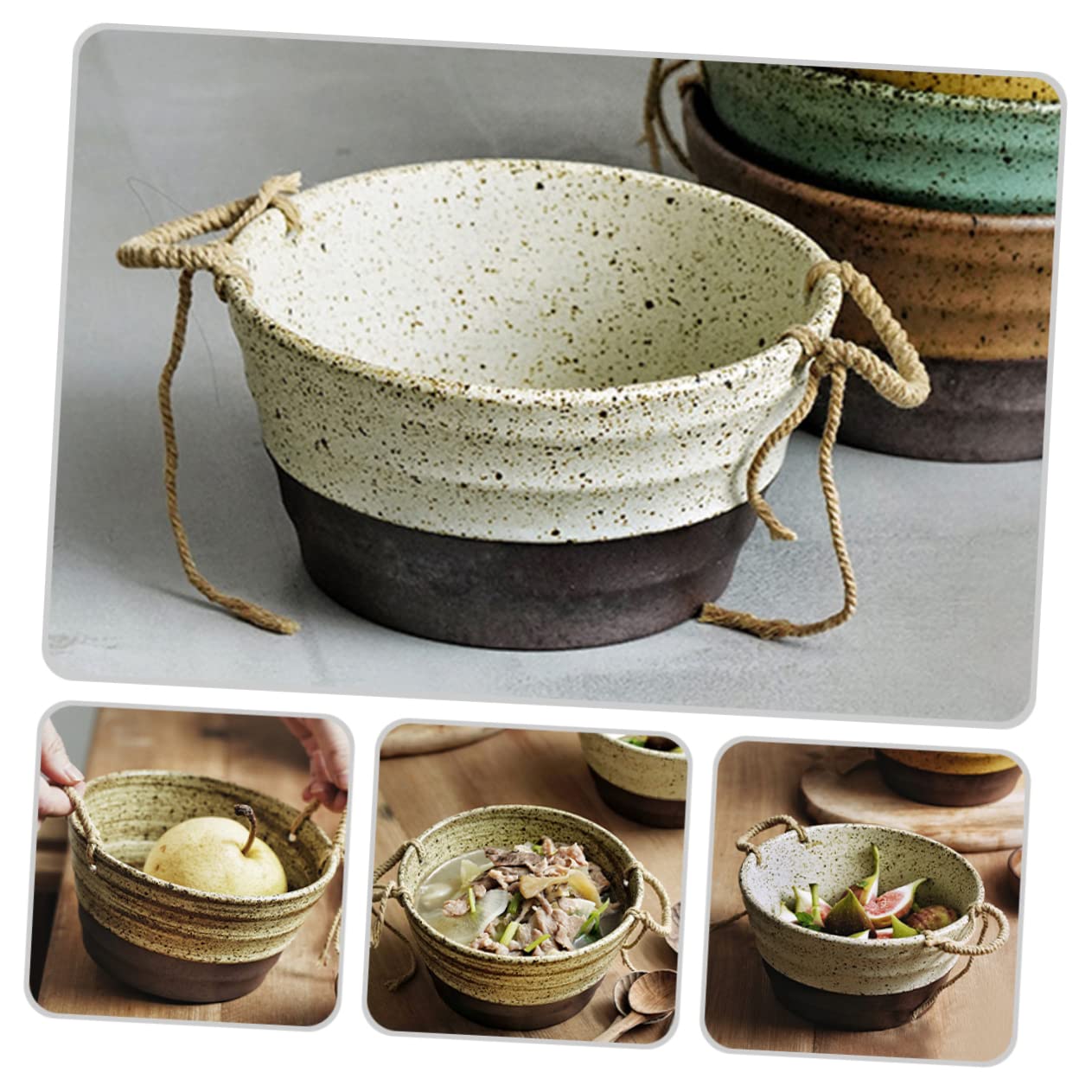ABOOFAN Cuenco Apilable Doble Asa Estilo Retro Japonés de Cerámica Apto para Lavavajillas, para Sopa y Ensalada Cocina